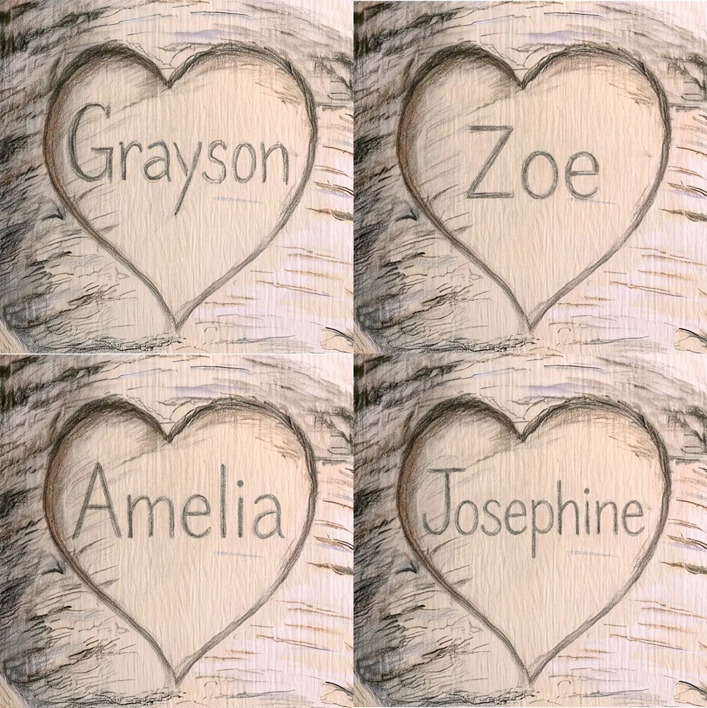 Four name preview examples of Bunny Tree Heart Personalized Wall Mural by Whimsy Tots