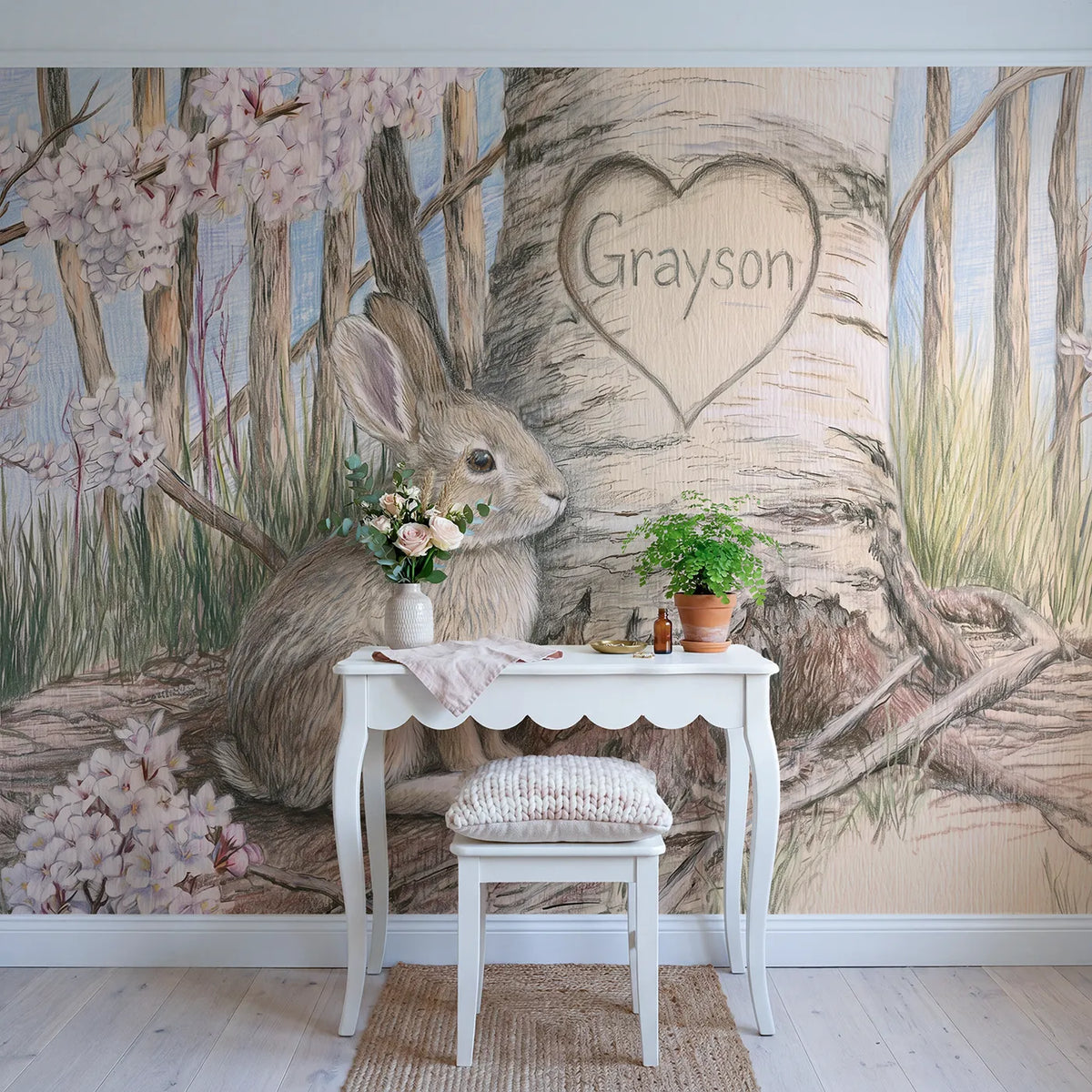 Bunny Tree Heart Personalized Wall Mural in playroom setting by Whimsy Tots