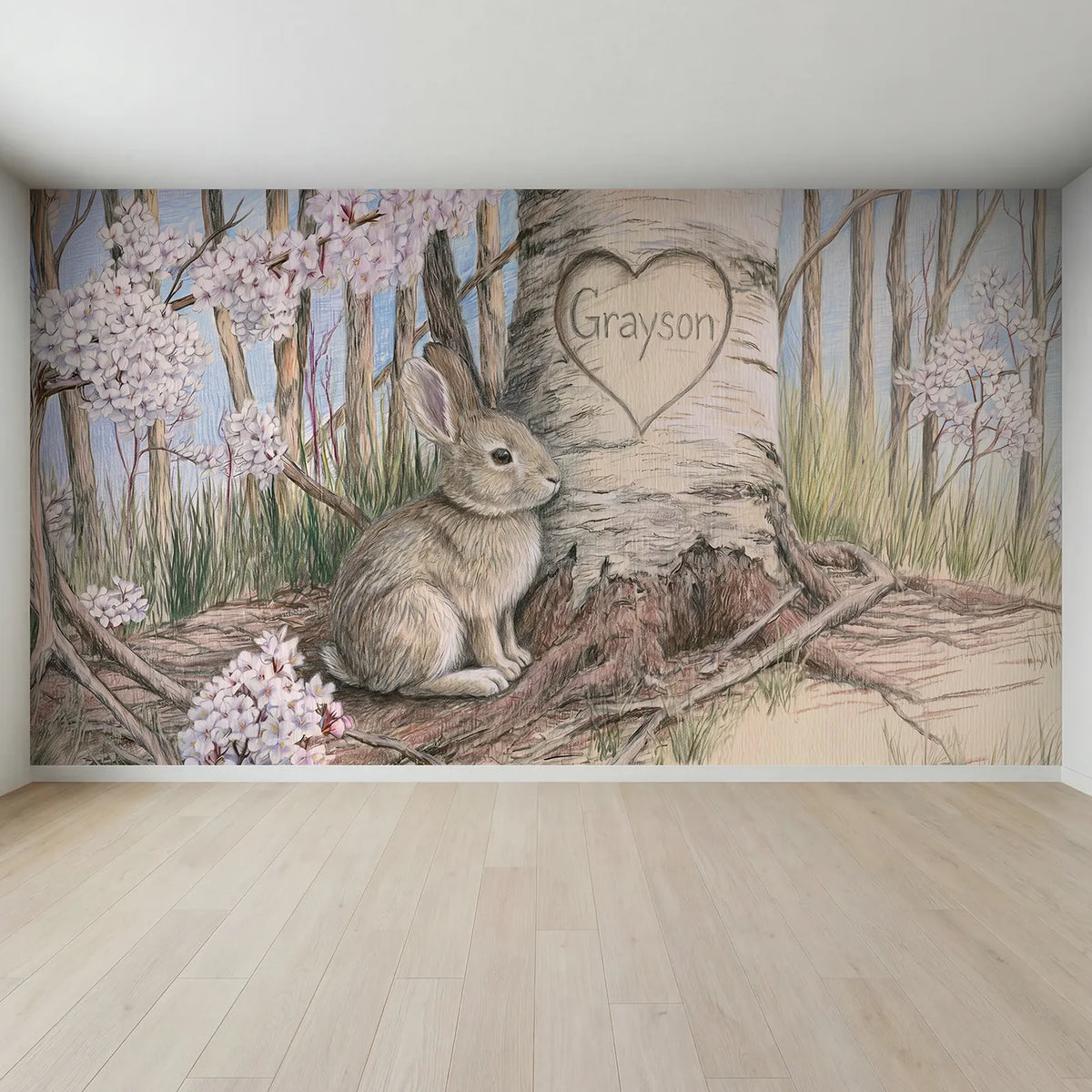 Full view of Bunny Tree Heart Personalized Wall Mural by Whimsy Tots