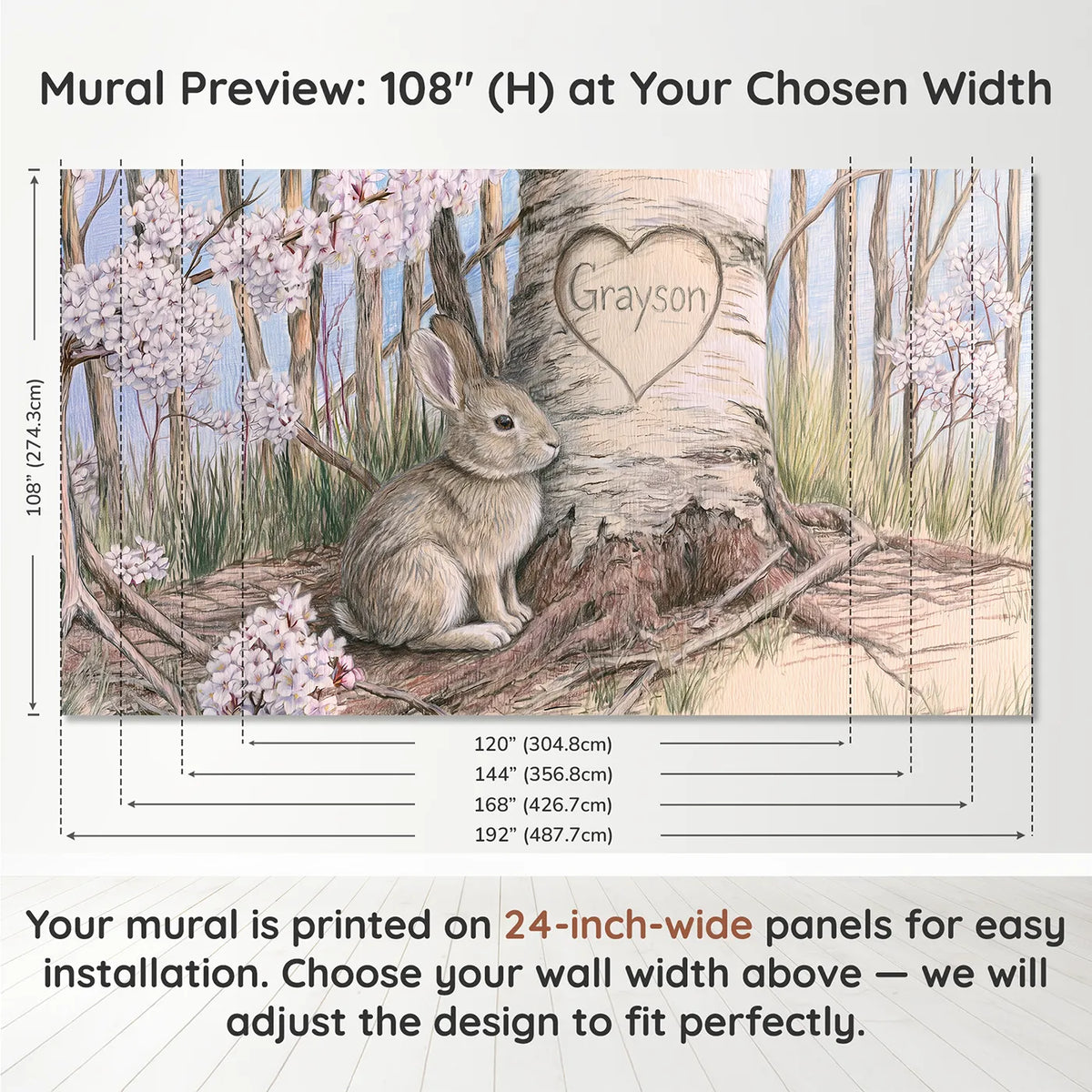 Panel layout and dimensions for Bunny Tree Heart Personalized Wall Mural by Whimsy Tots