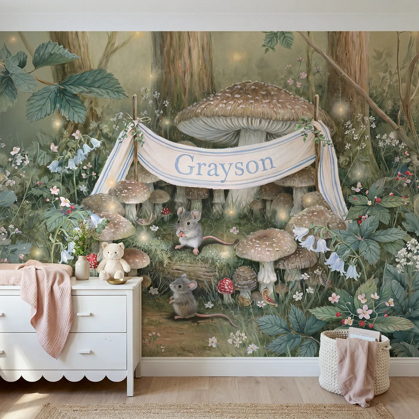 Storybook fairy ring personalized wall mural with name banner for a girls room by Whimsy Tots