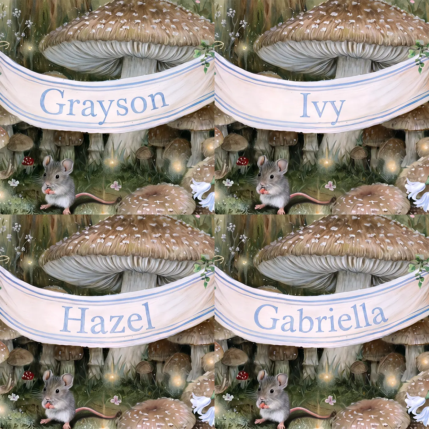 Four name preview examples of Toadstool Fairy Ring Personalized Wall Mural by Whimsy Tots