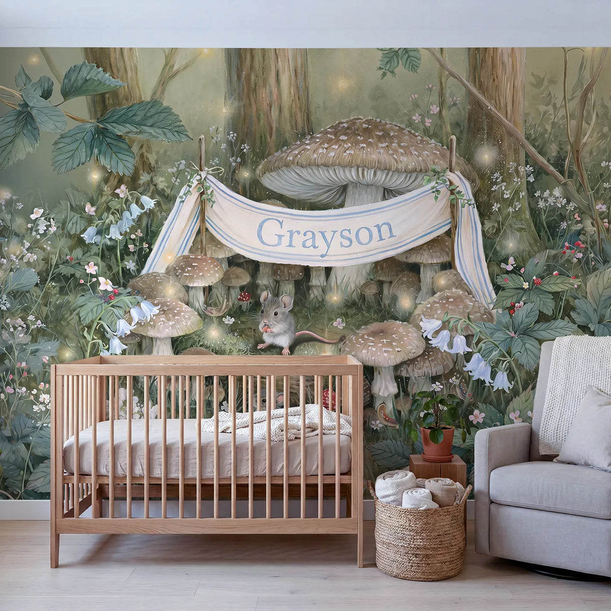 Toadstool Fairy Ring Personalized Wall Mural in playroom setting by Whimsy Tots