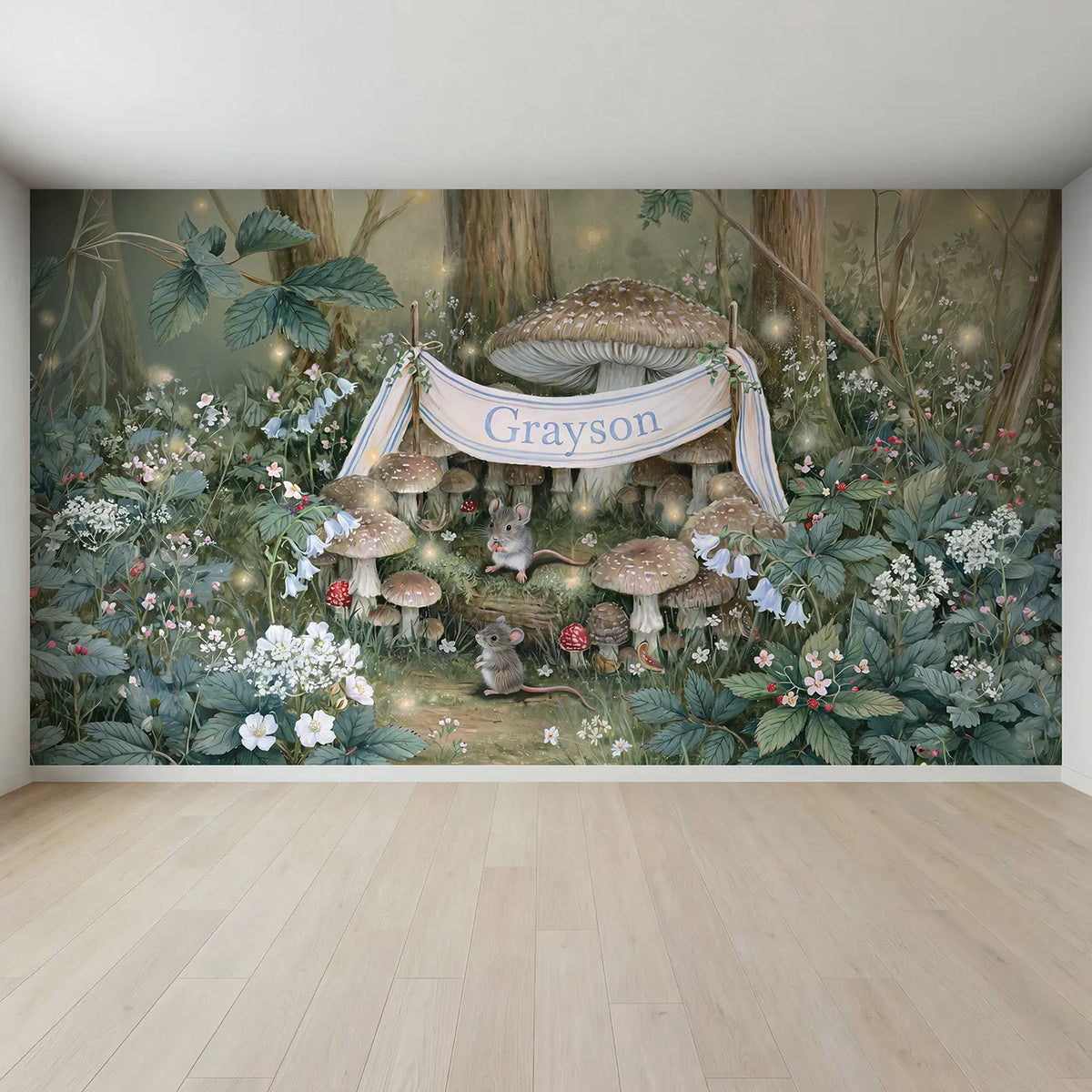 Full view of Toadstool Fairy Ring Personalized Wall Mural by Whimsy Tots