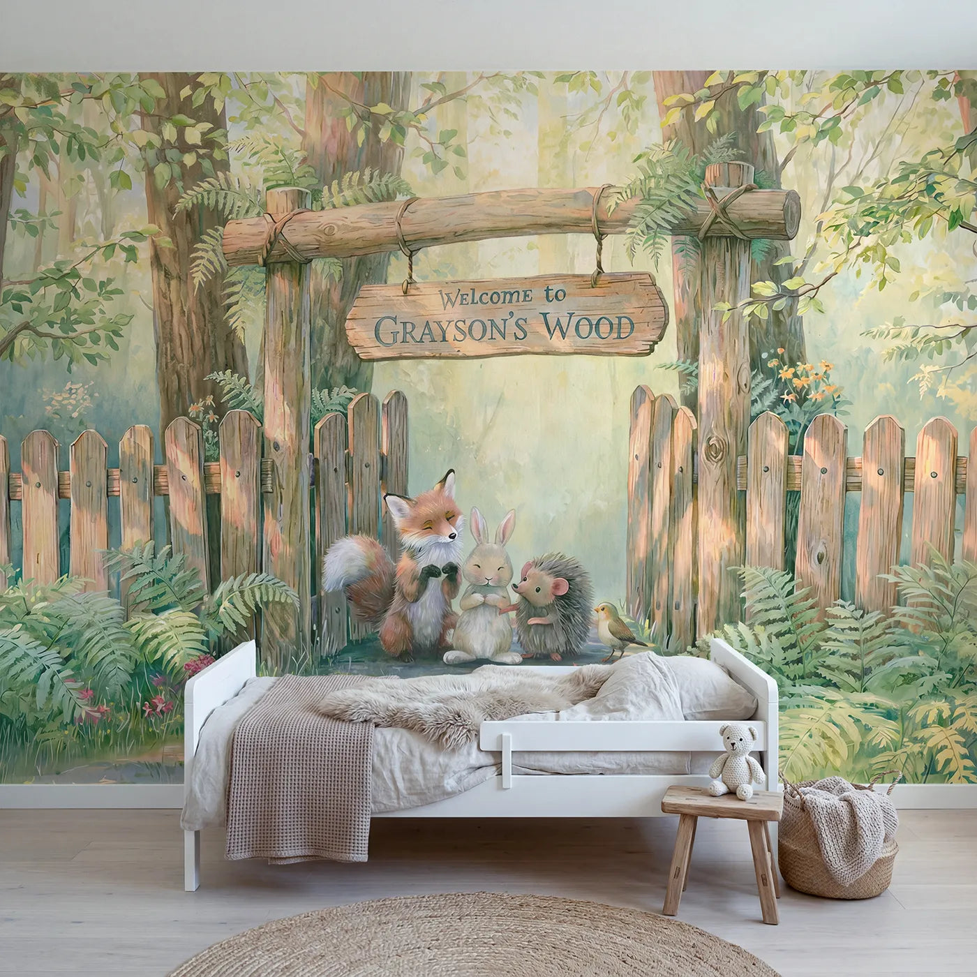 Storybook woodland friends personalized wall mural with name arch for a playroom by Whimsy Tots