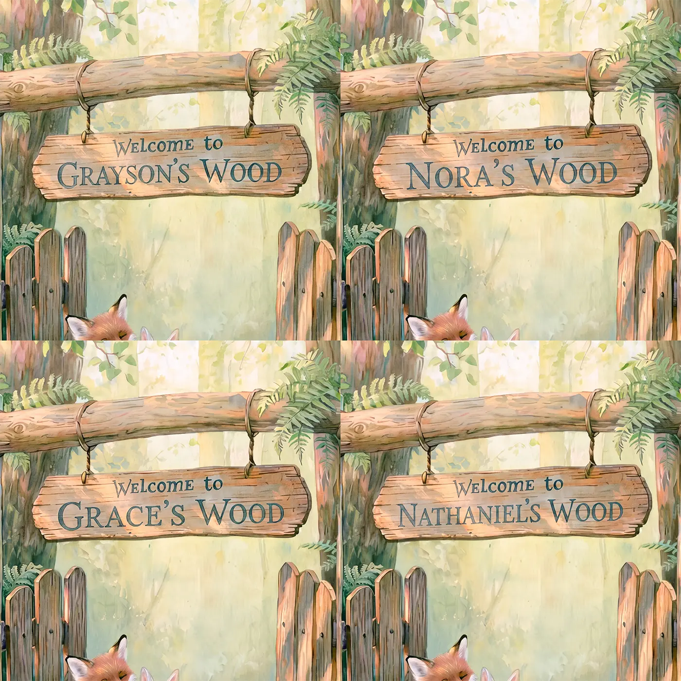 Four name preview examples of Woodland Friends Archway Personalized Wall Mural by Whimsy Tots