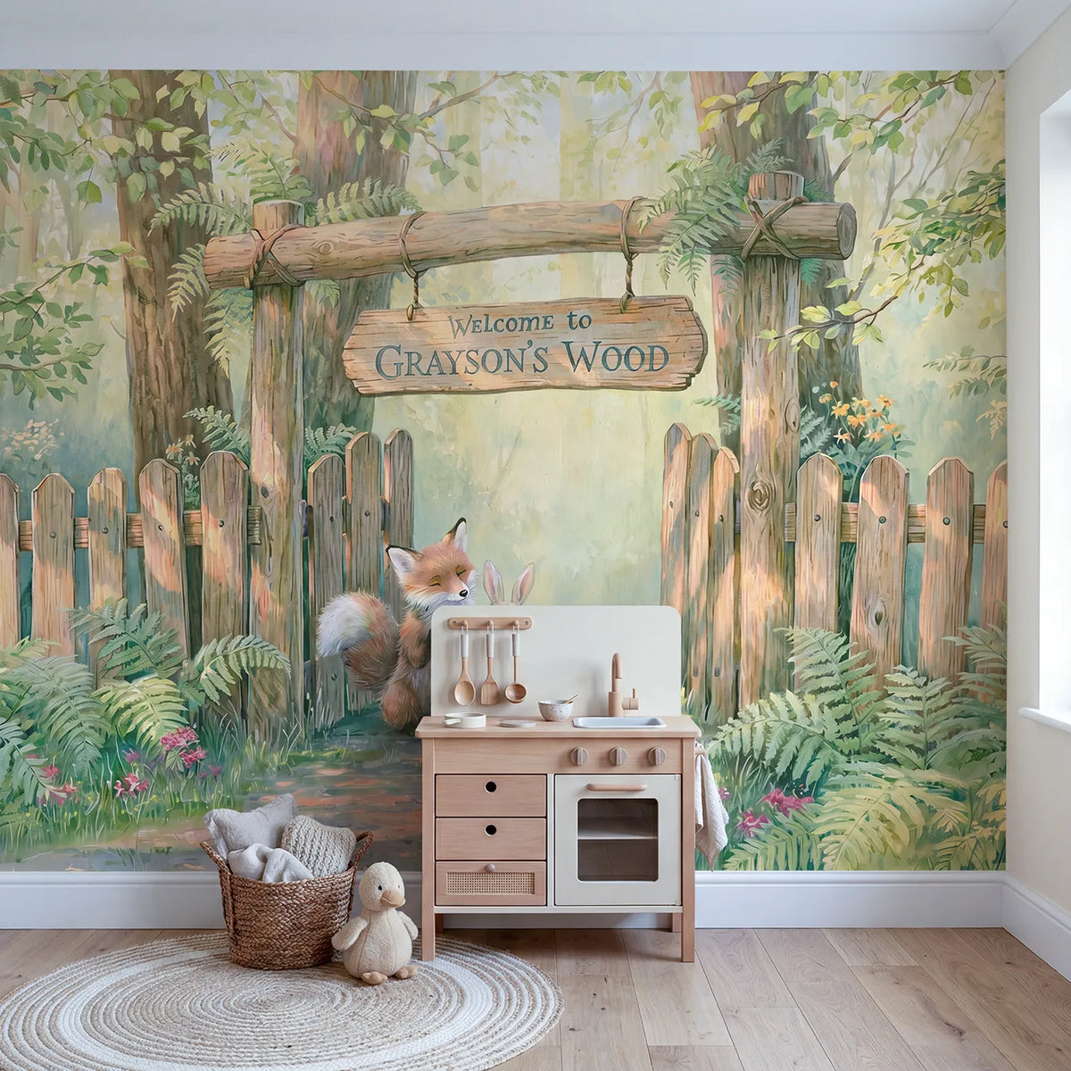 Woodland Friends Archway Personalized Wall Mural in playroom setting by Whimsy Tots