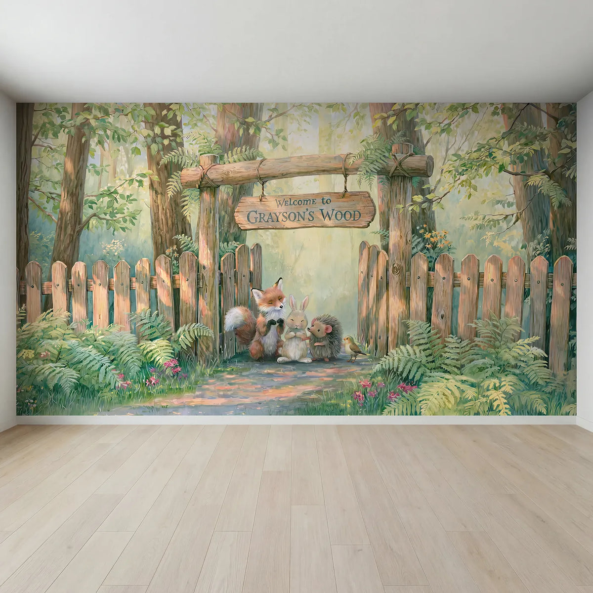 Full view of Woodland Friends Archway Personalized Wall Mural by Whimsy Tots