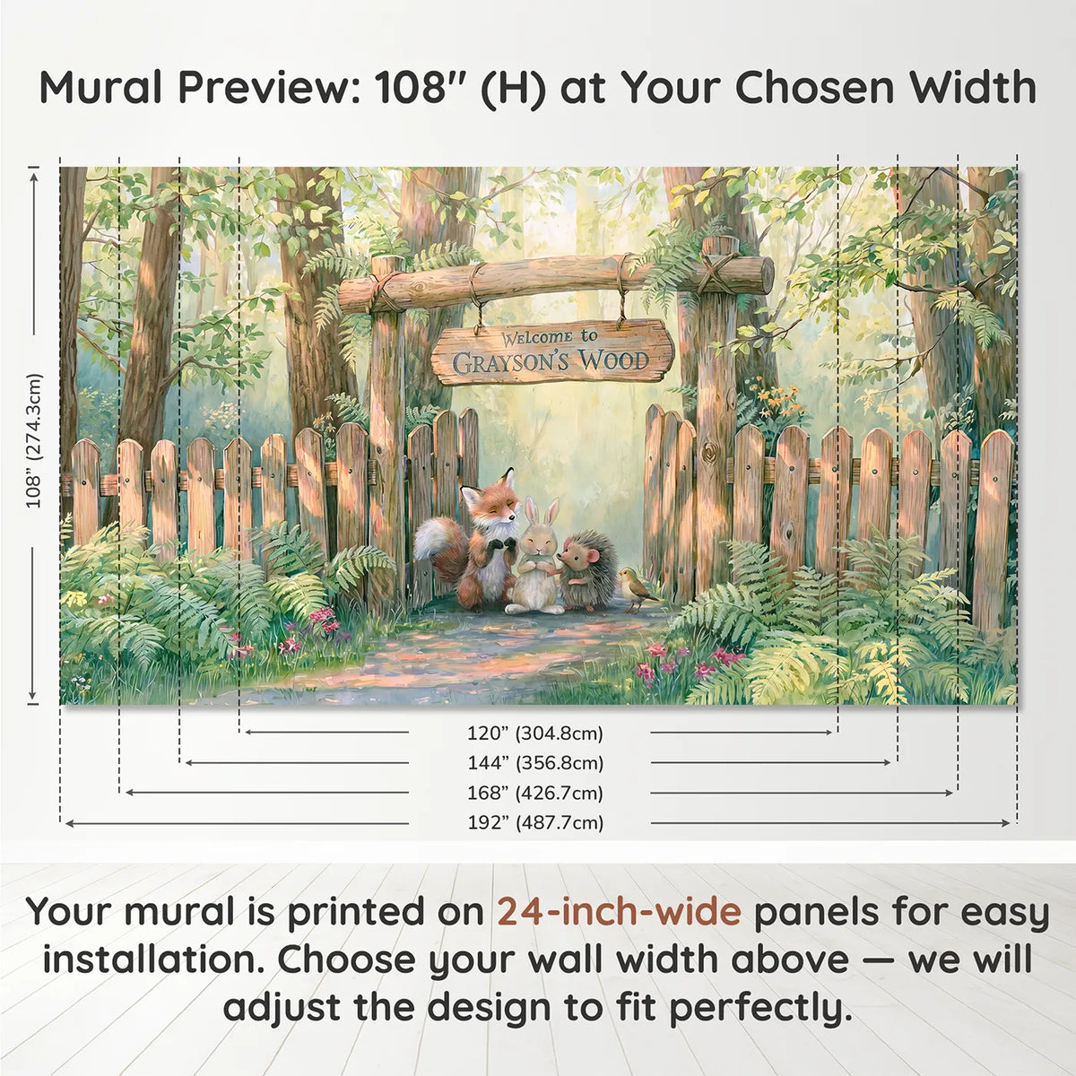Panel layout and dimensions for Woodland Friends Archway Personalized Wall Mural by Whimsy Tots