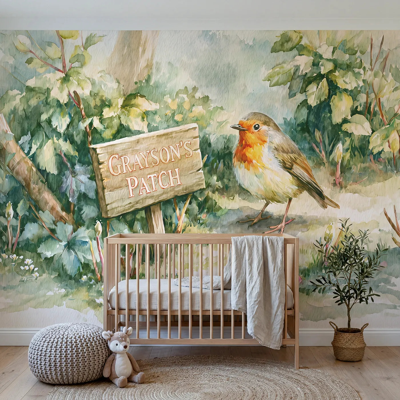 Watercolor robin garden patch personalized wall mural with name marker for a nursery by Whimsy Tots