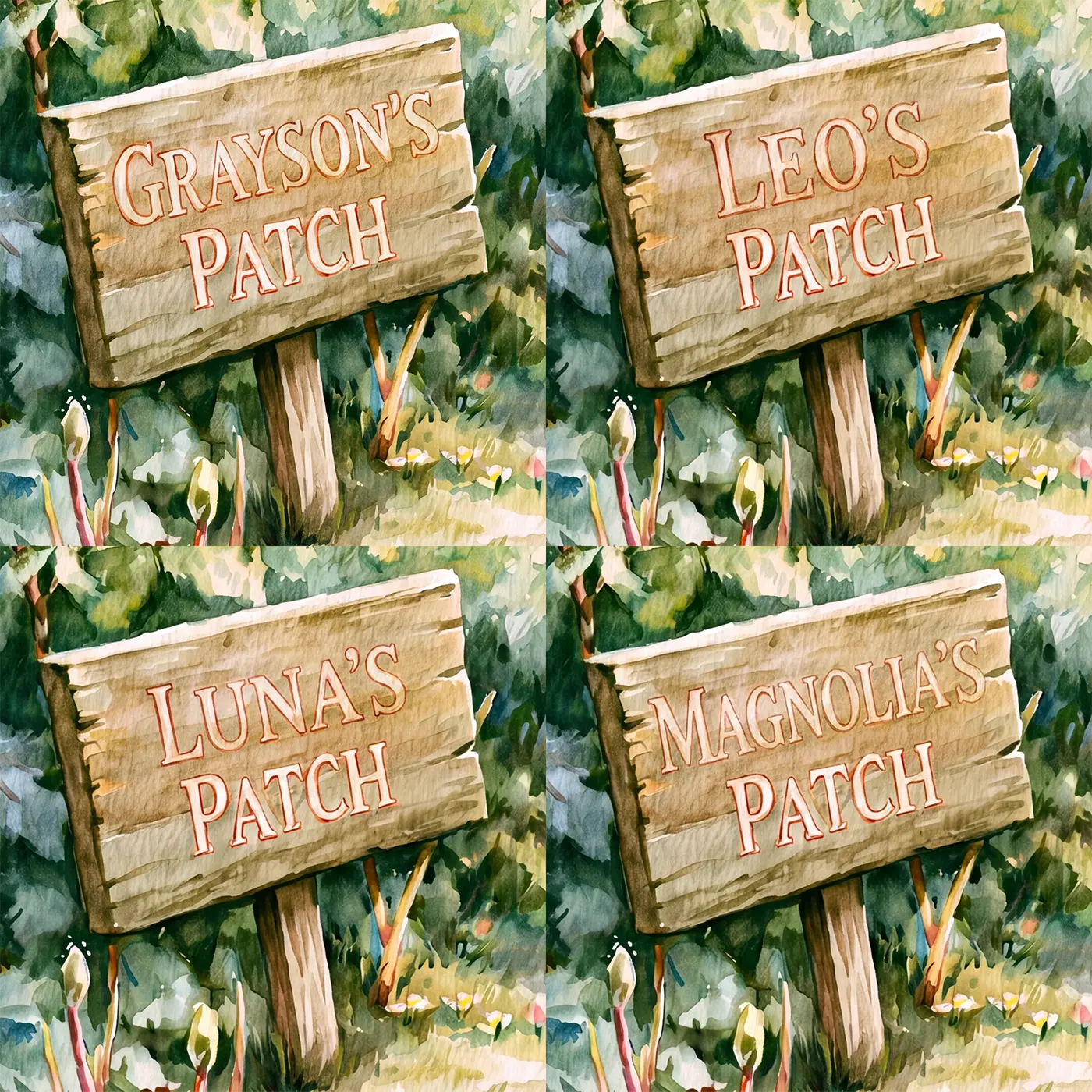 Four name preview examples of Robin Garden Patch Personalized Wall Mural by Whimsy Tots