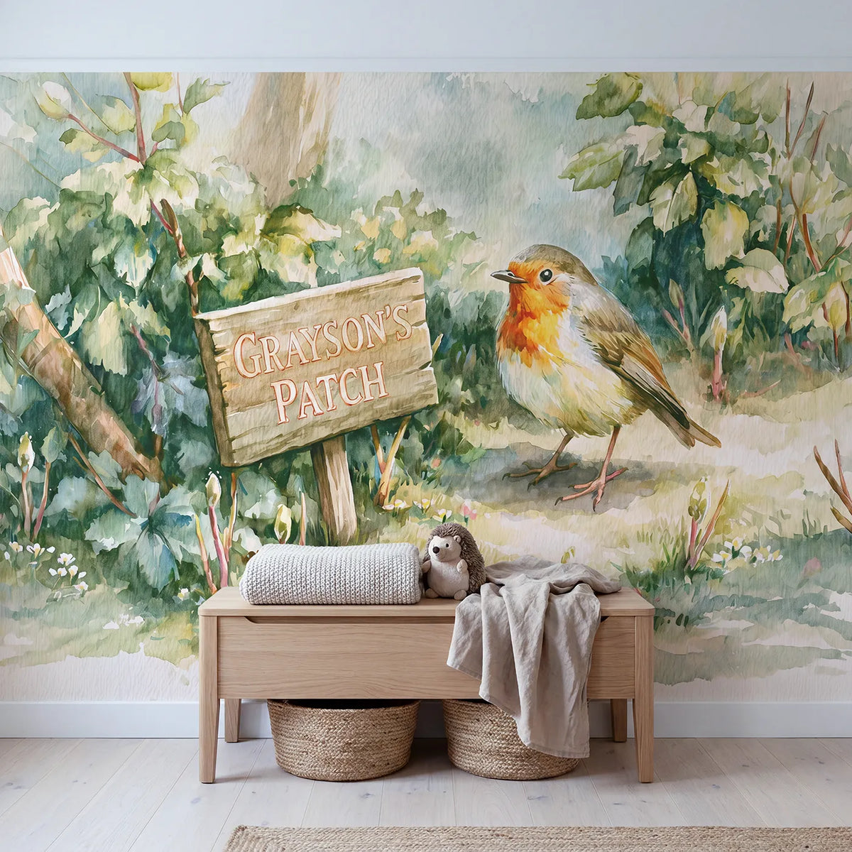Robin Garden Patch Personalized Wall Mural in playroom setting by Whimsy Tots