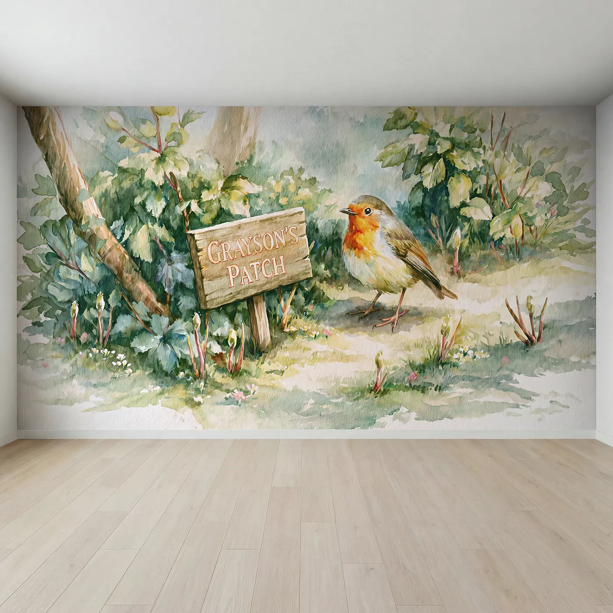 Full view of Robin Garden Patch Personalized Wall Mural by Whimsy Tots