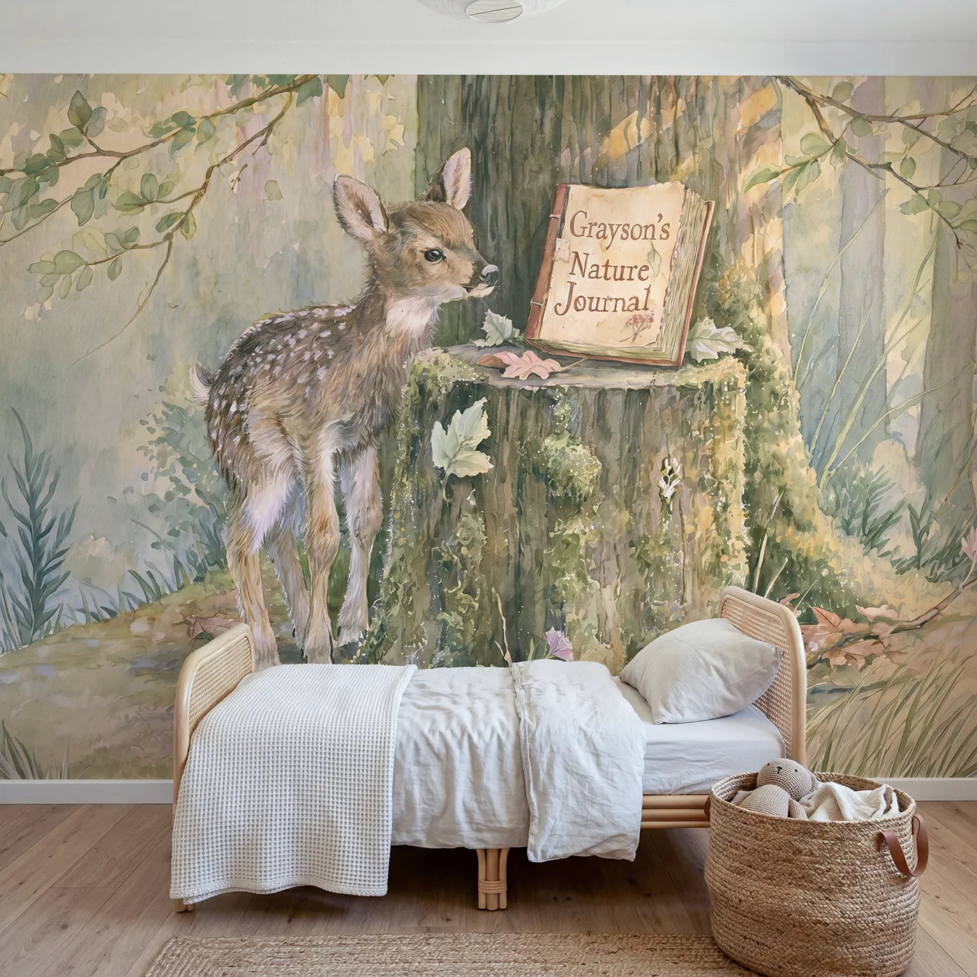 Storybook fawn nature journal personalized wall mural with name for a bedroom by Whimsy Tots