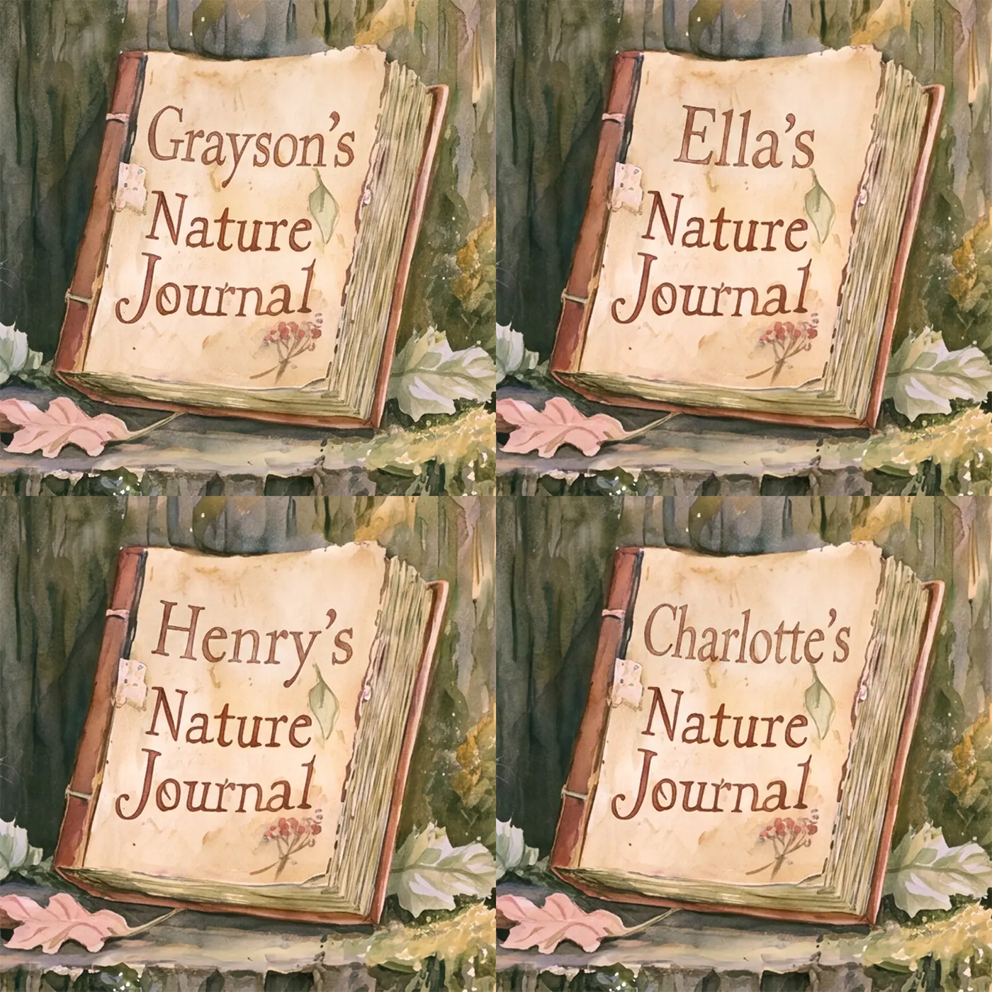 Four name preview examples of Fawn Nature Journal Personalized Wall Mural by Whimsy Tots