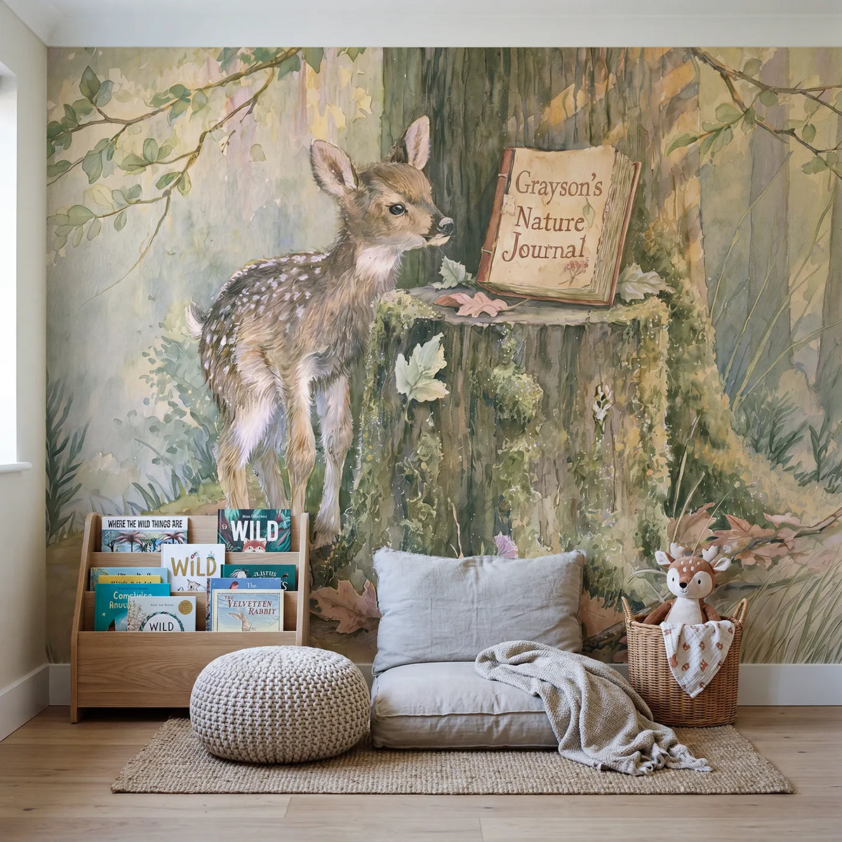 Fawn Nature Journal Personalized Wall Mural in playroom setting by Whimsy Tots