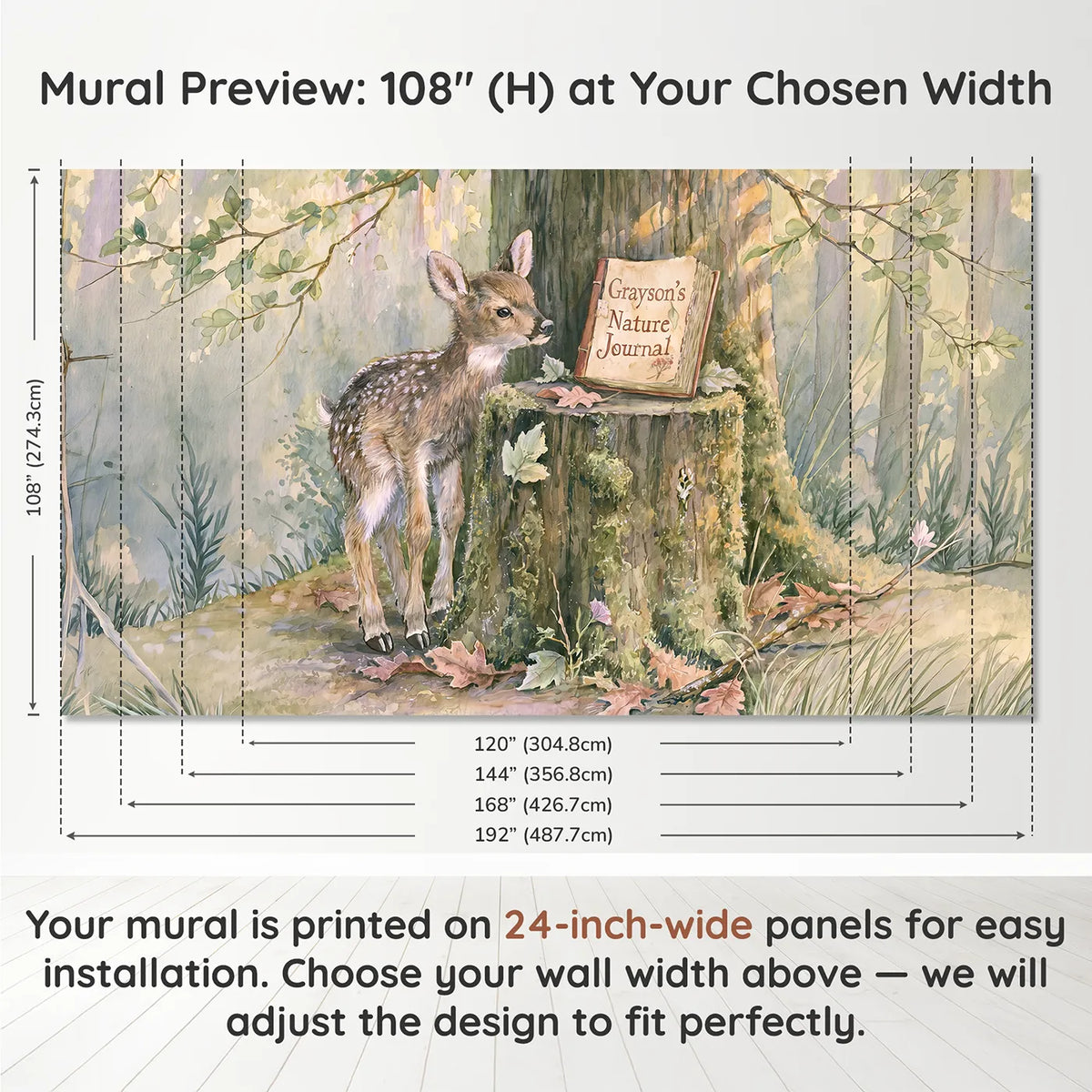 Panel layout and dimensions for Fawn Nature Journal Personalized Wall Mural by Whimsy Tots