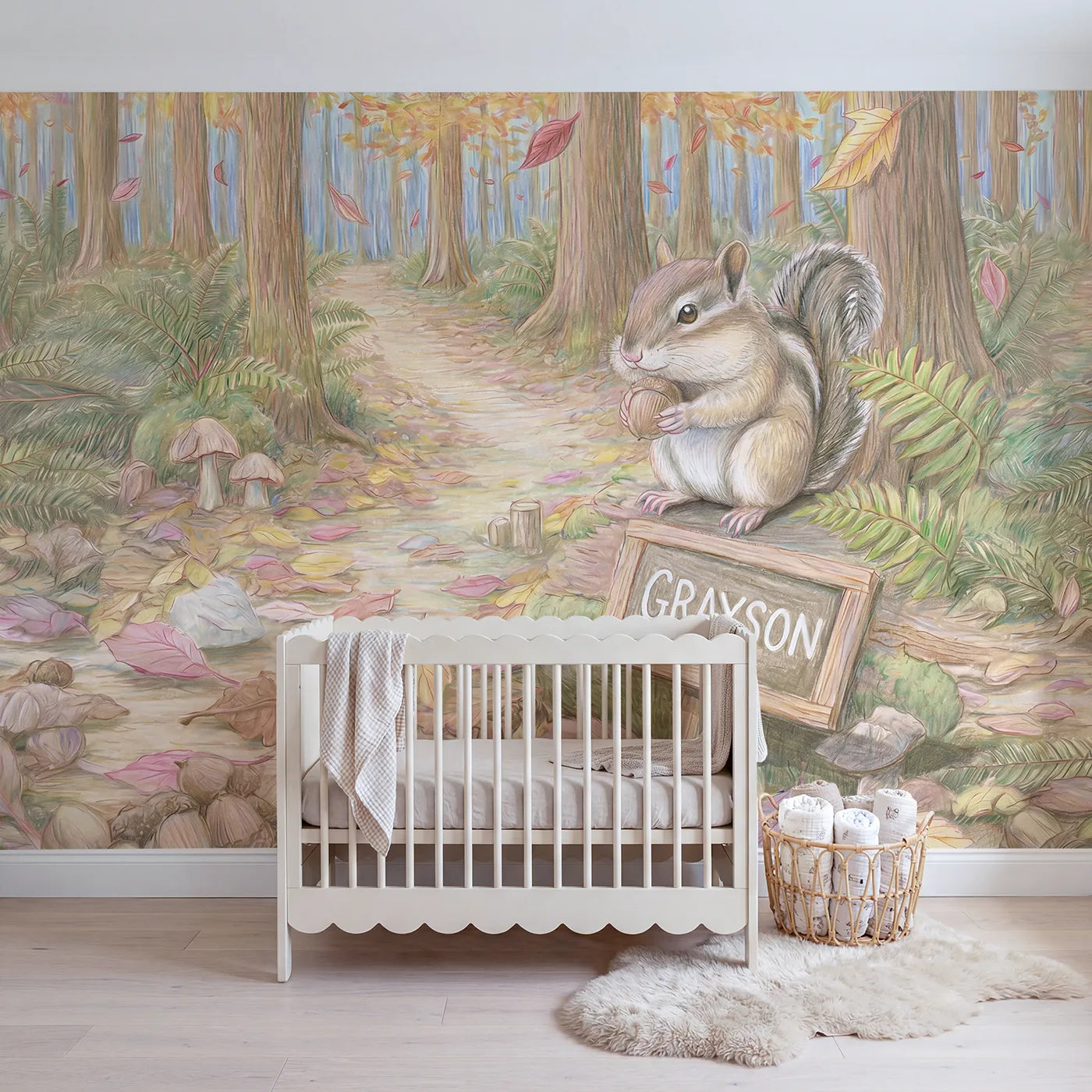 Colored Pencil chipmunk autumn personalized wall mural with name for a toddler room by Whimsy Tots