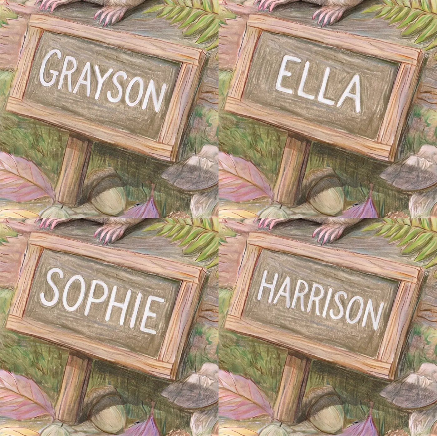 Four name preview examples of Chipmunk Autumn Chalkboard Personalized Wall Mural by Whimsy Tots