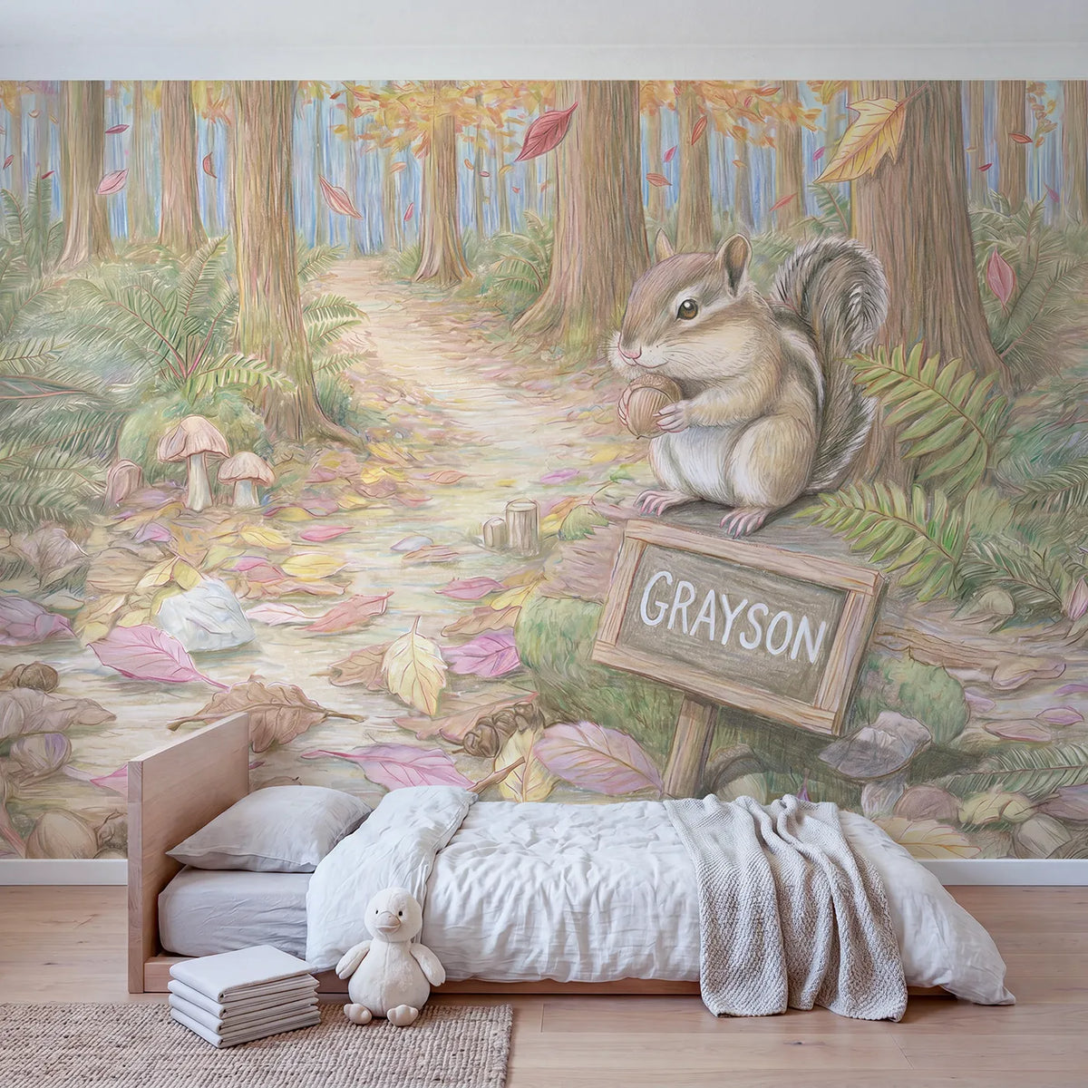 Chipmunk Autumn Chalkboard Personalized Wall Mural in playroom setting by Whimsy Tots