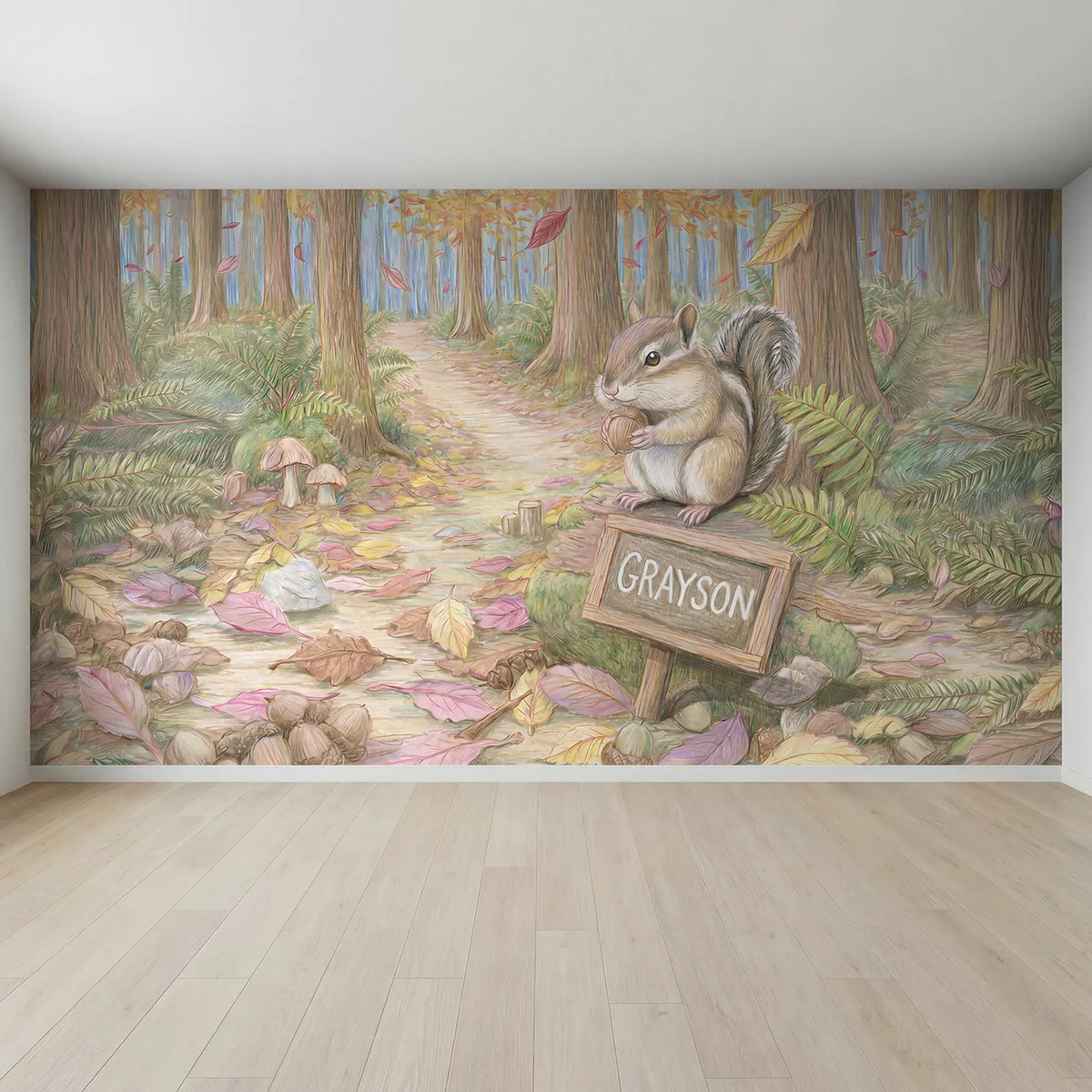 Full view of Chipmunk Autumn Chalkboard Personalized Wall Mural by Whimsy Tots