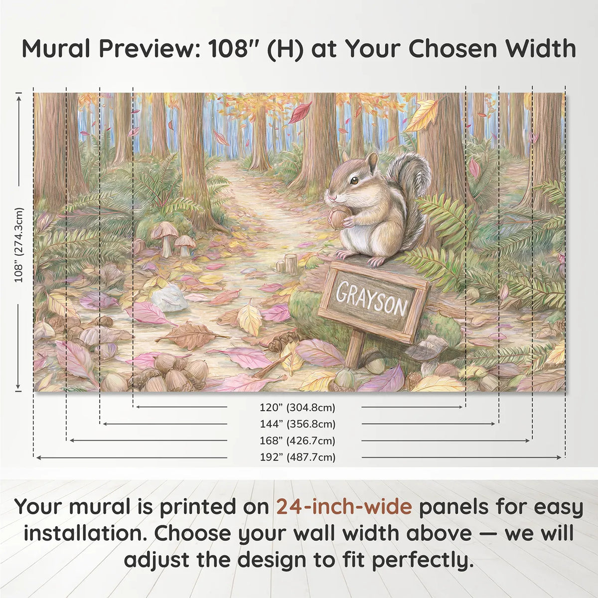 Panel layout and dimensions for Chipmunk Autumn Chalkboard Personalized Wall Mural by Whimsy Tots
