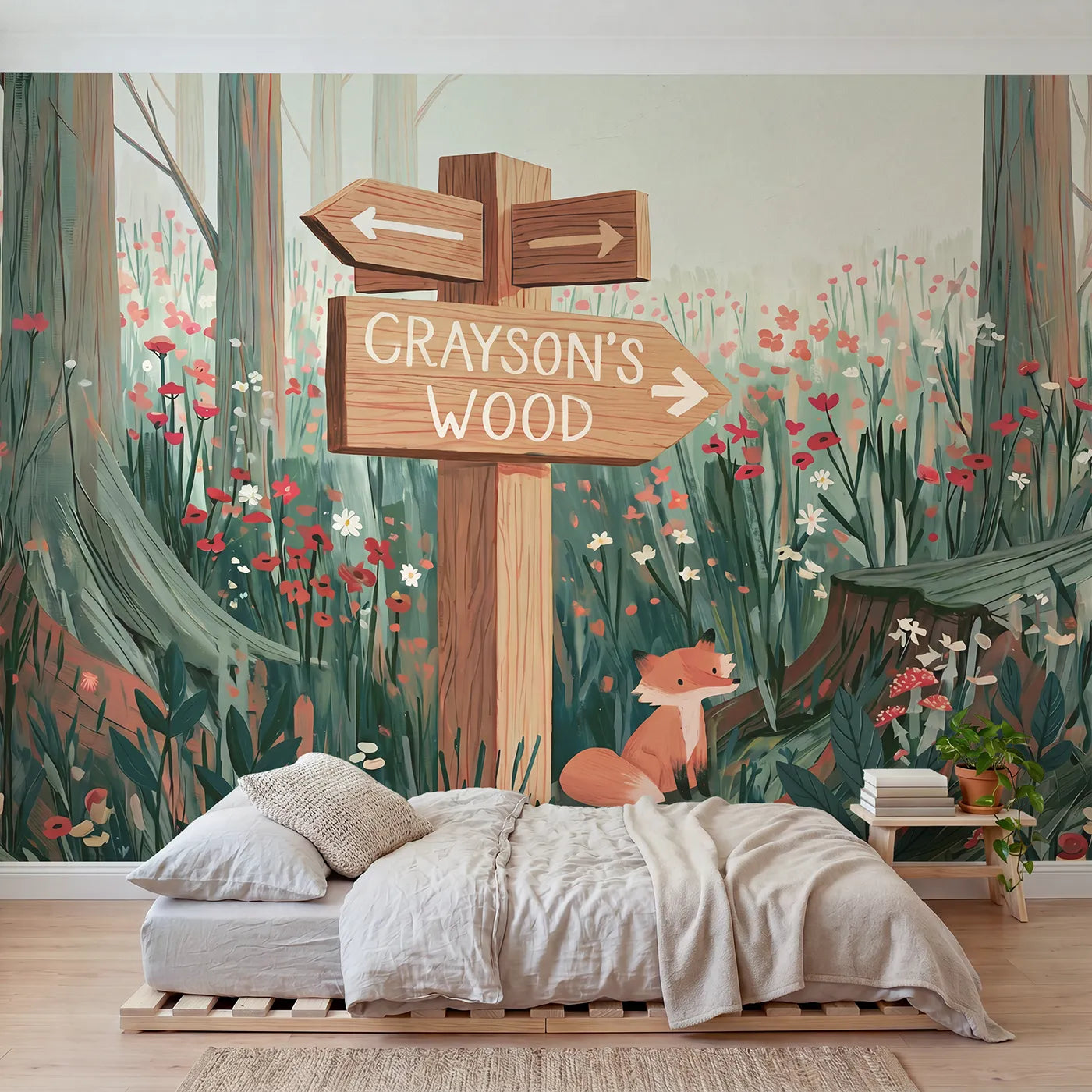 Modern Illustration fox fingerpost personalized wall mural with name for a playroom by Whimsy Tots