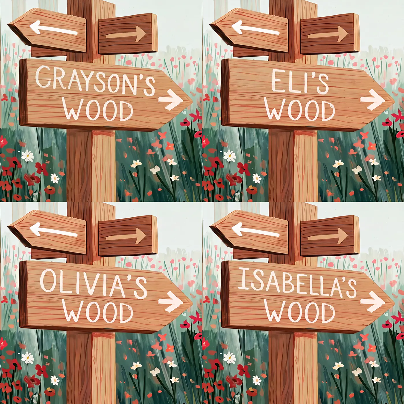 Four name preview examples of Fox Woodland Fingerpost Personalized Wall Mural by Whimsy Tots