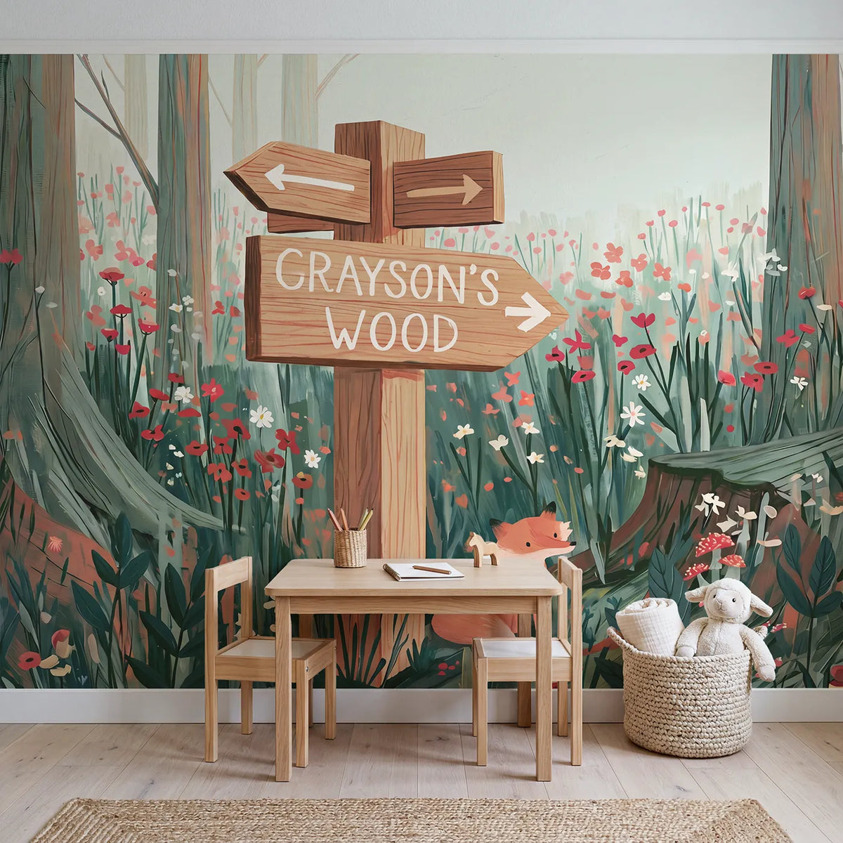 Fox Woodland Fingerpost Personalized Wall Mural in playroom setting by Whimsy Tots