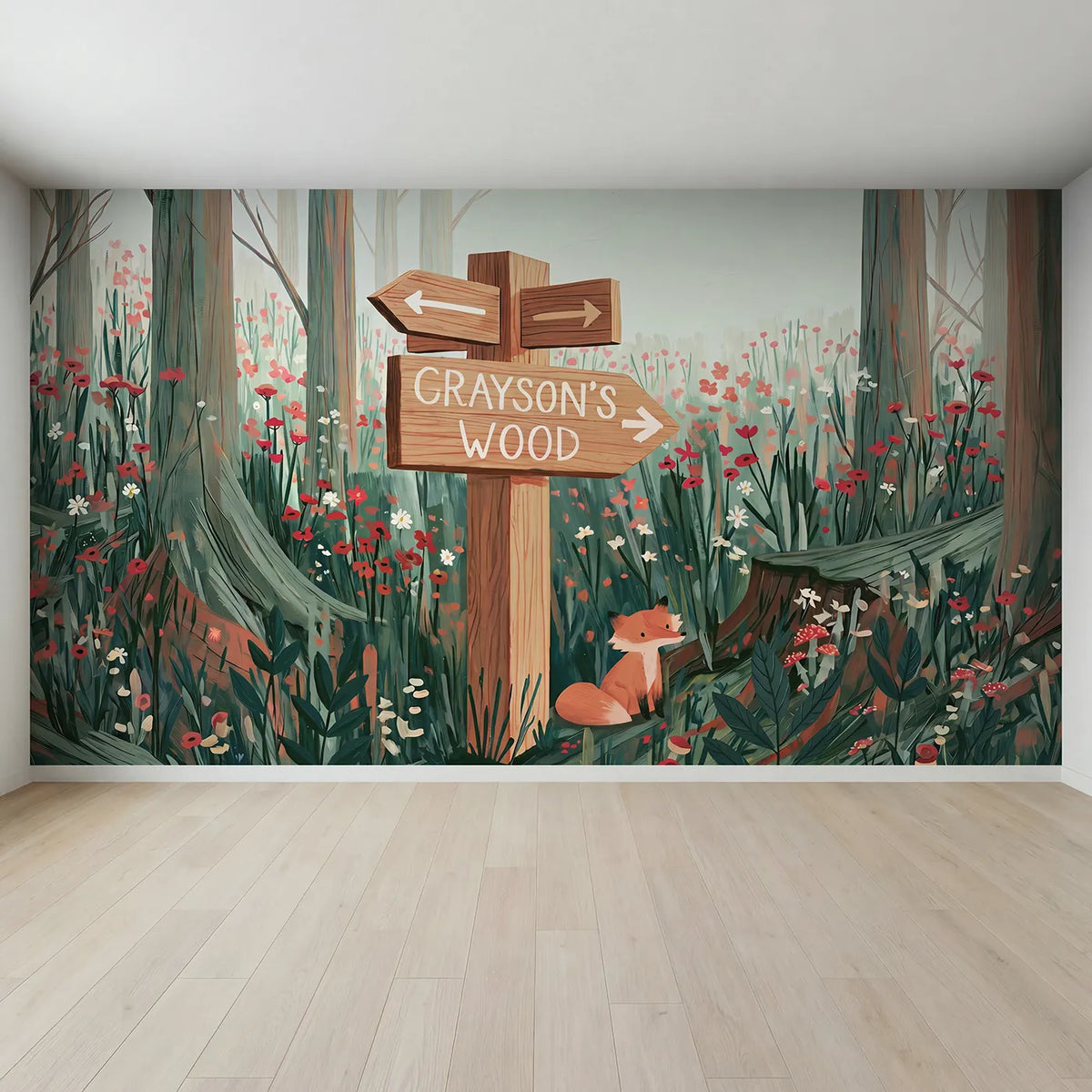 Full view of Fox Woodland Fingerpost Personalized Wall Mural by Whimsy Tots