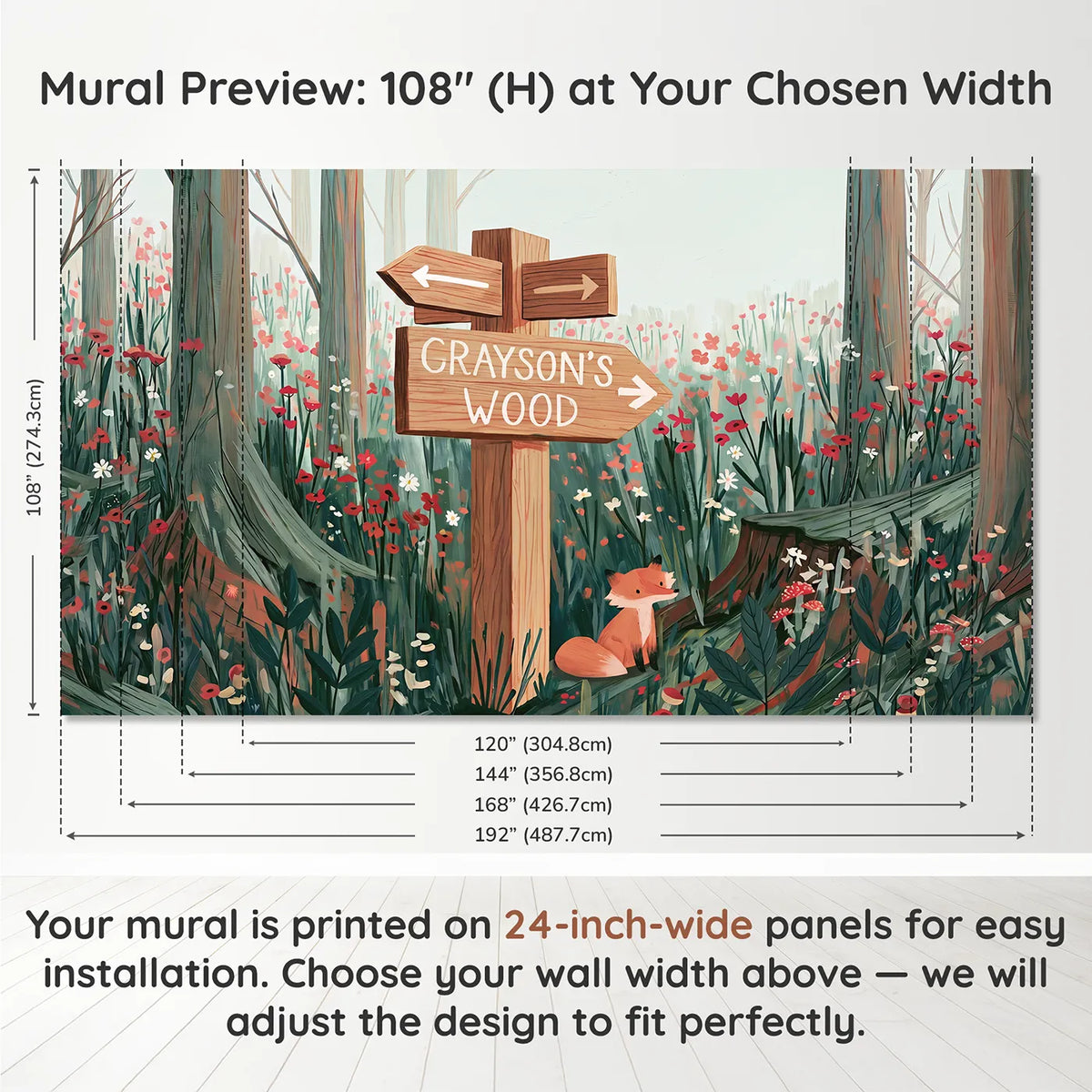 Panel layout and dimensions for Fox Woodland Fingerpost Personalized Wall Mural by Whimsy Tots