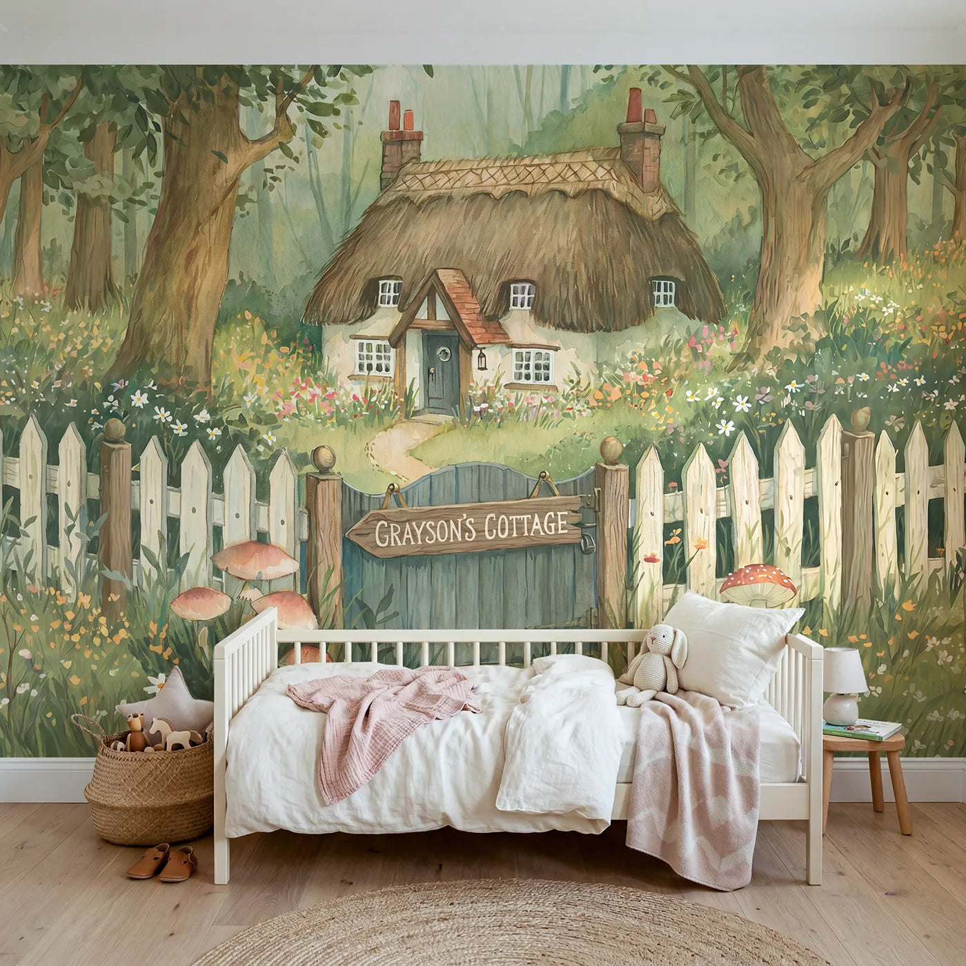Storybook woodland cottage personalized wall mural with name gate for a nursery by Whimsy Tots