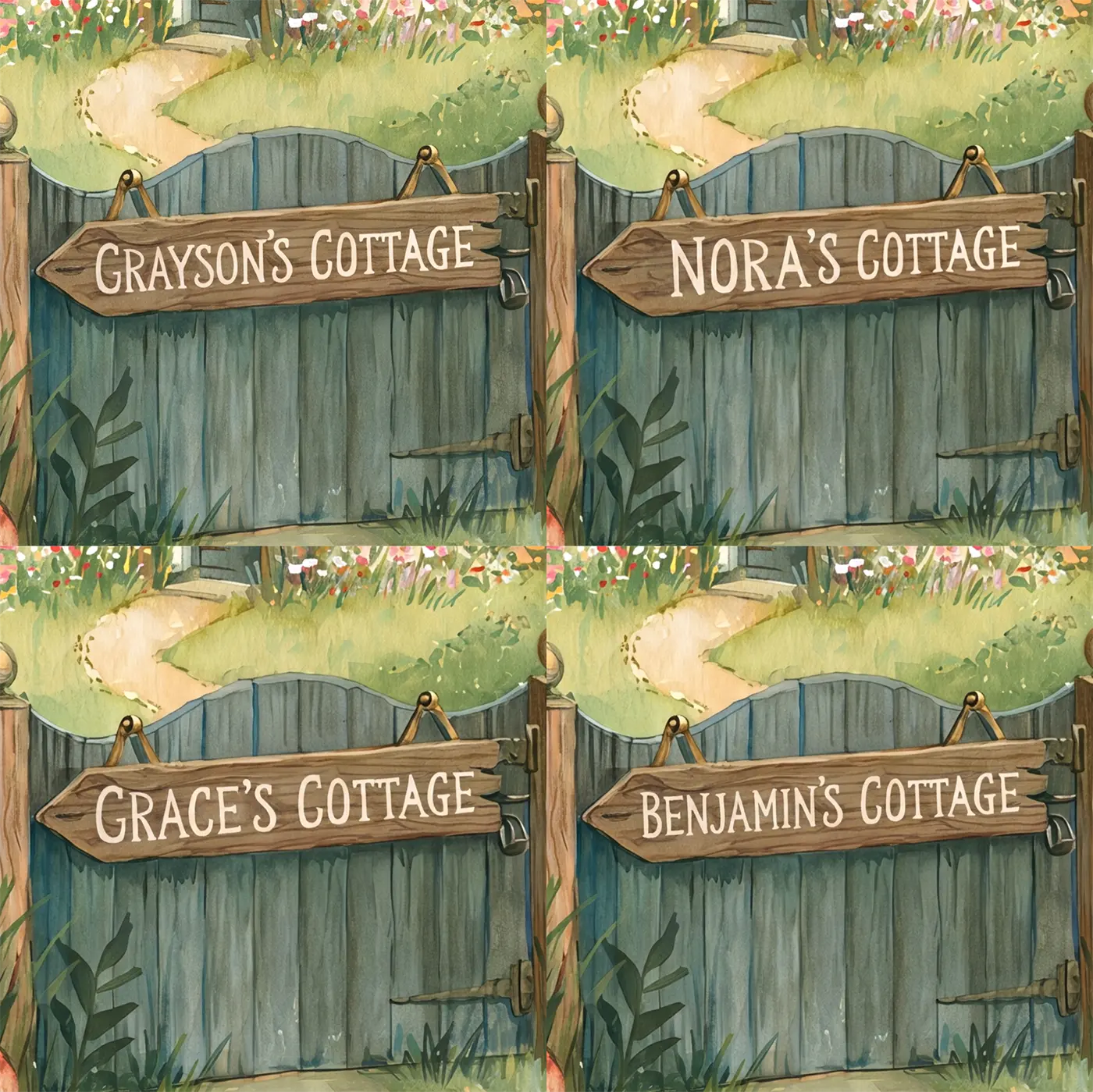Four name preview examples of Cozy Woodland Cottage Personalized Wall Mural by Whimsy Tots