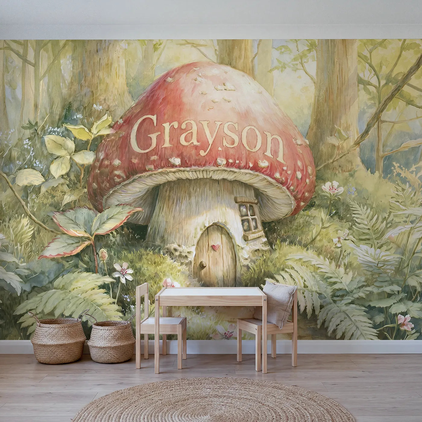 Storybook toadstool house personalized wall mural with name cap for a nursery by Whimsy Tots