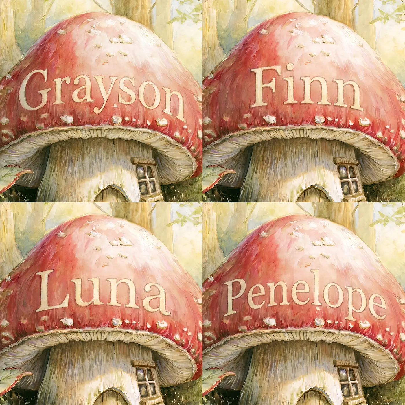 Four name preview examples of Toadstool Mushroom House Personalized Wall Mural by Whimsy Tots