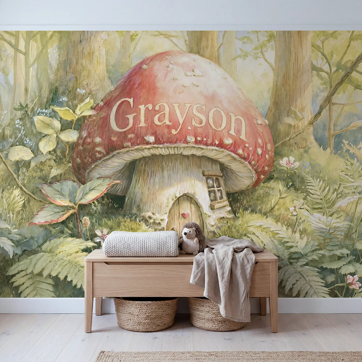 Toadstool Mushroom House Personalized Wall Mural in playroom setting by Whimsy Tots