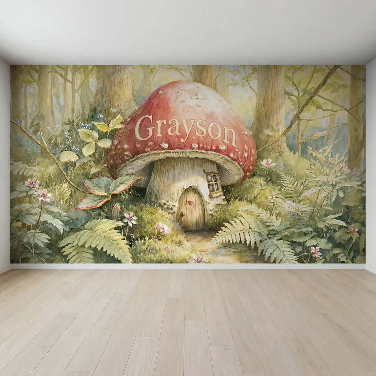 Full view of Toadstool Mushroom House Personalized Wall Mural by Whimsy Tots
