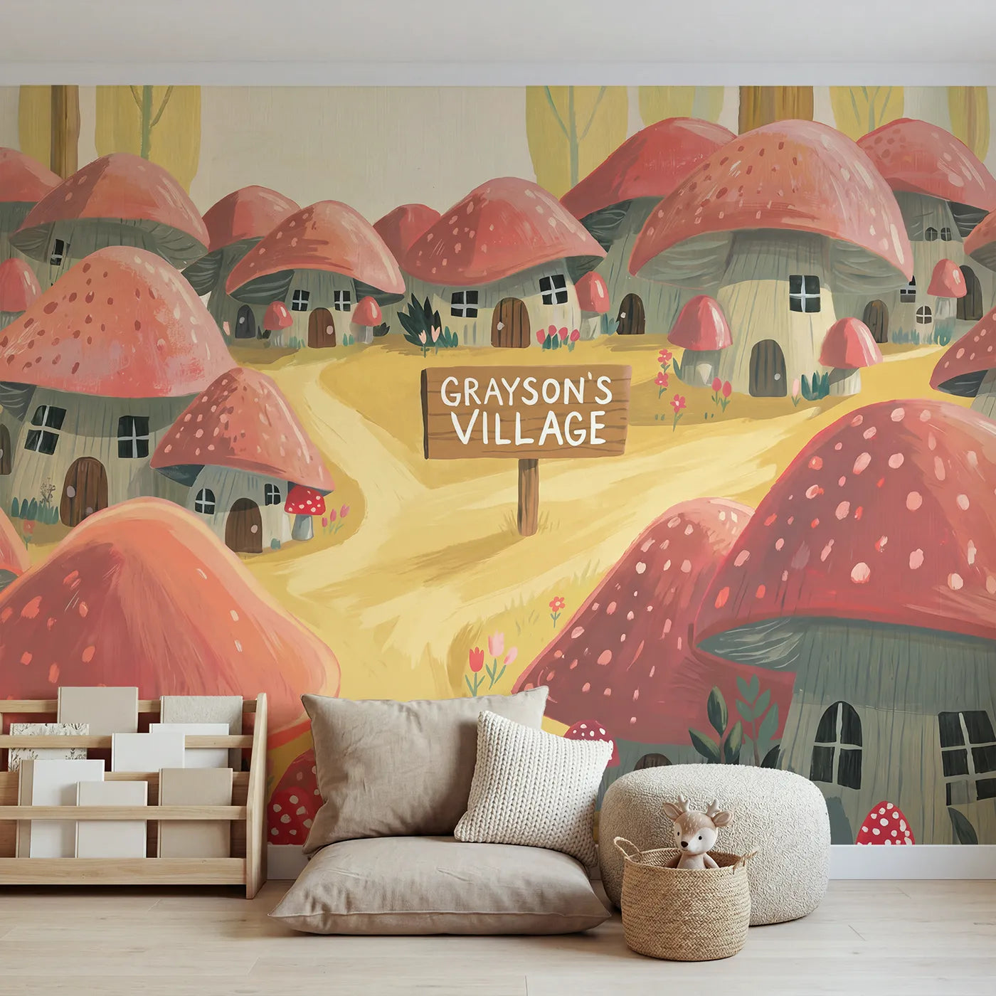 Modern Illustration mushroom village personalized wall mural with name for a playroom by Whimsy Tots