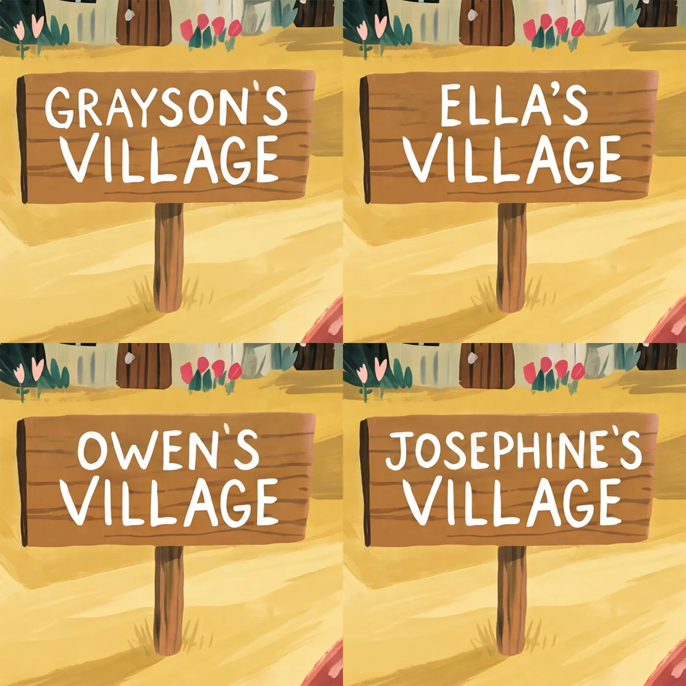 Four name preview examples of Folk Mushroom Village Personalized Wall Mural by Whimsy Tots