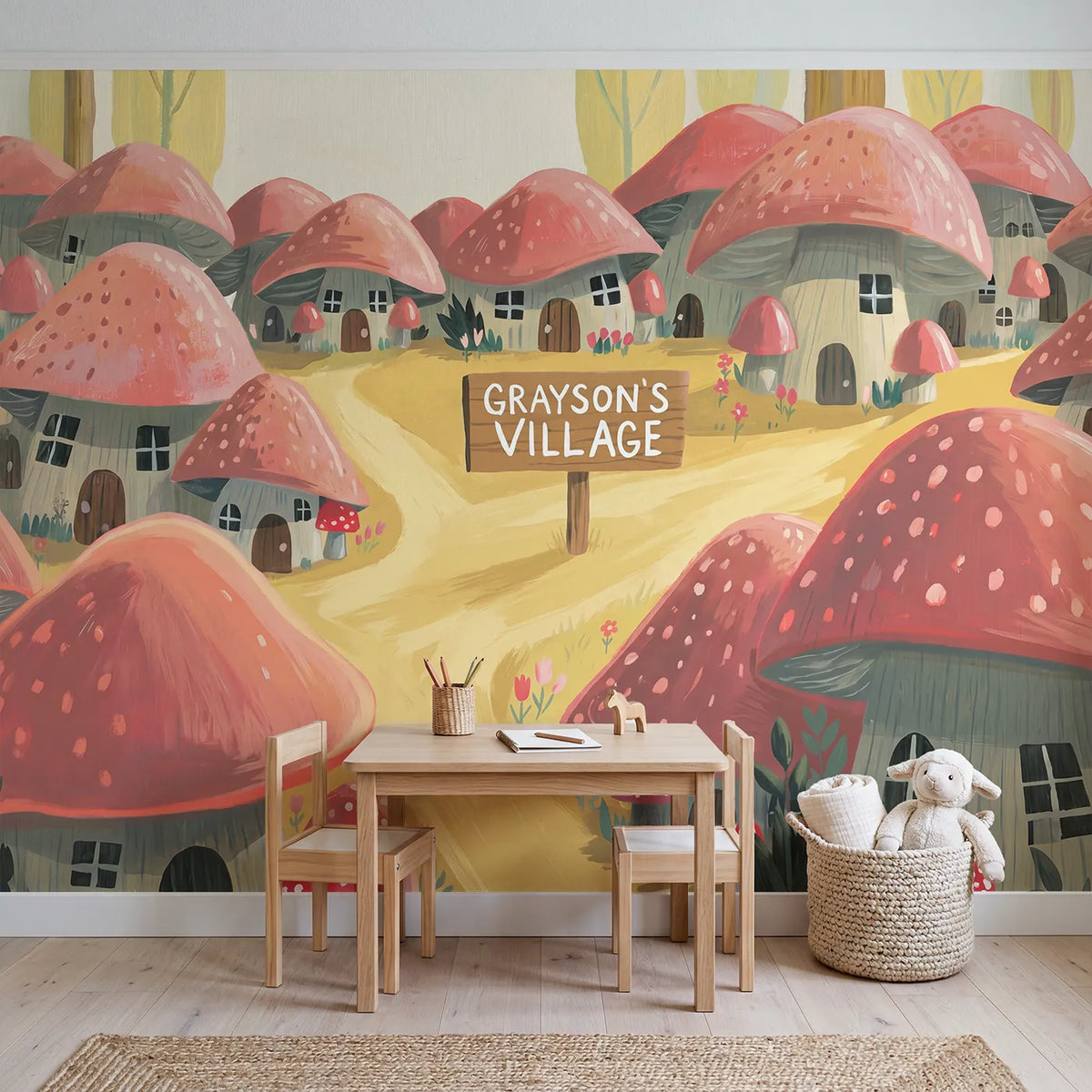 Folk Mushroom Village Personalized Wall Mural in playroom setting by Whimsy Tots