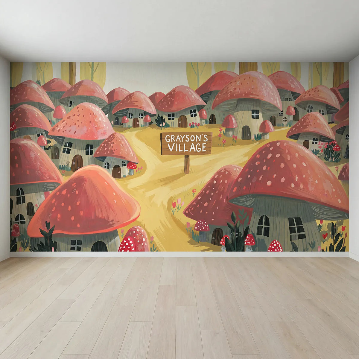 Full view of Folk Mushroom Village Personalized Wall Mural by Whimsy Tots