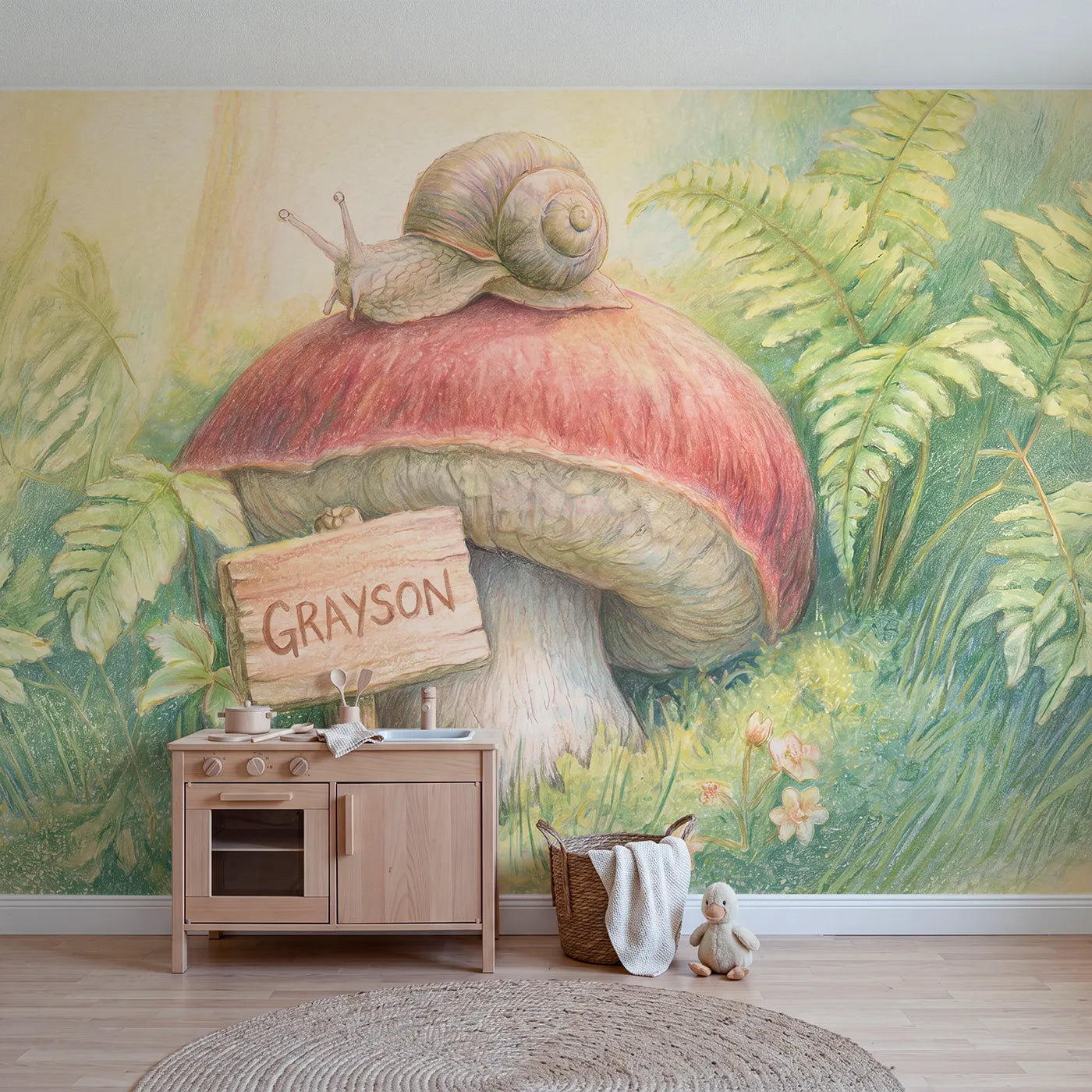Colored Pencil snail toadstool personalized wall mural with name sign for a kids room by Whimsy Tots