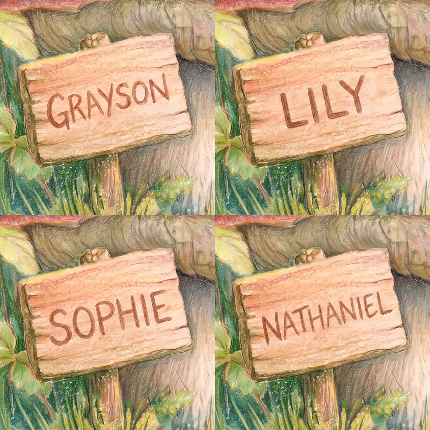 Four name preview examples of Friendly Snail Toadstool Personalized Wall Mural by Whimsy Tots