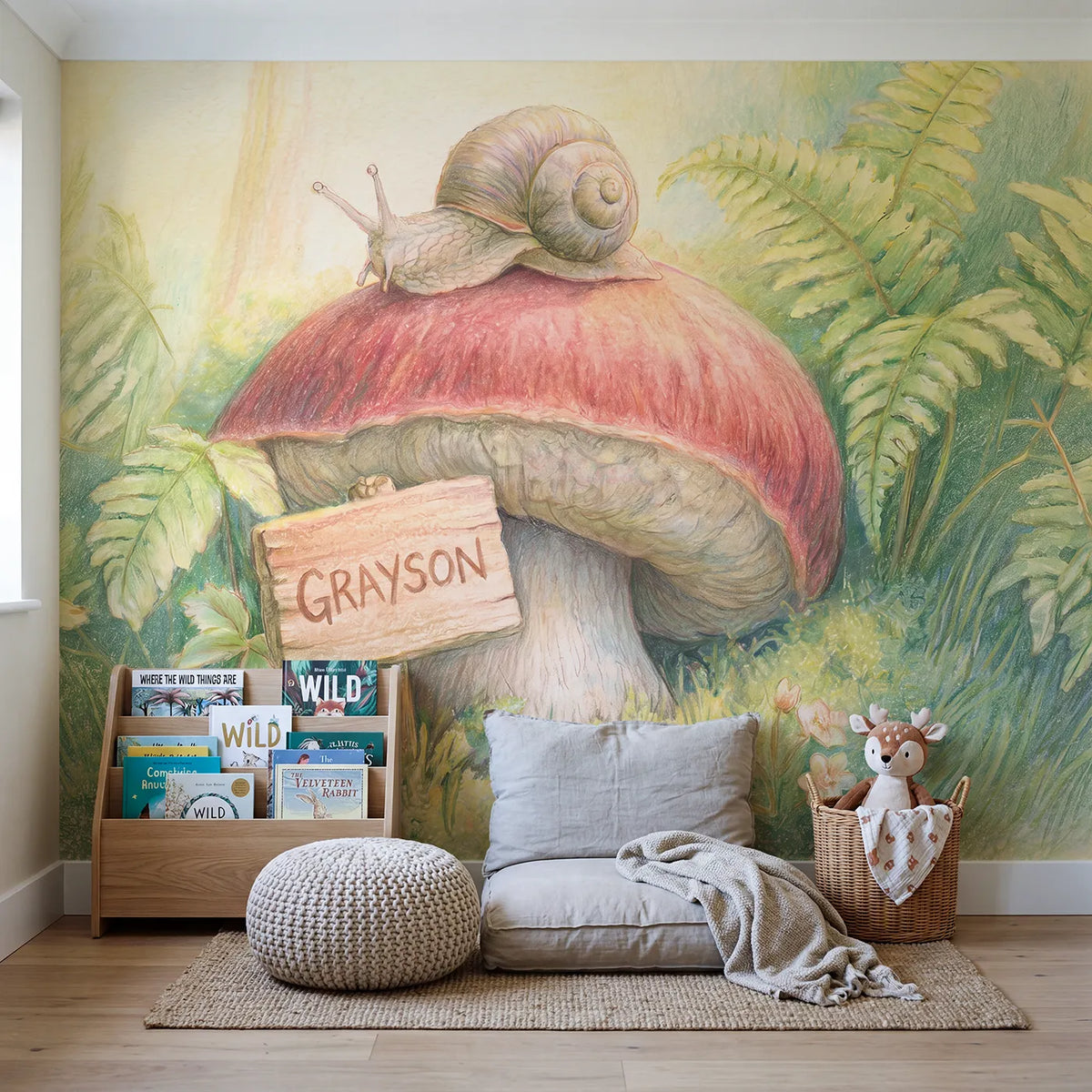 Friendly Snail Toadstool Personalized Wall Mural in playroom setting by Whimsy Tots