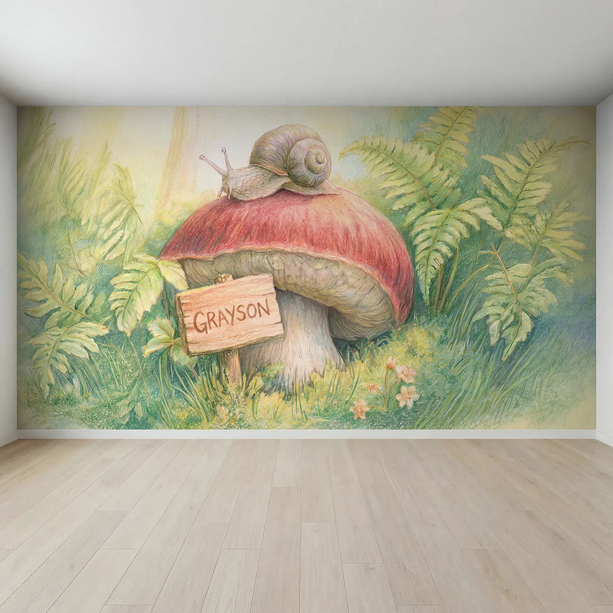 Full view of Friendly Snail Toadstool Personalized Wall Mural by Whimsy Tots