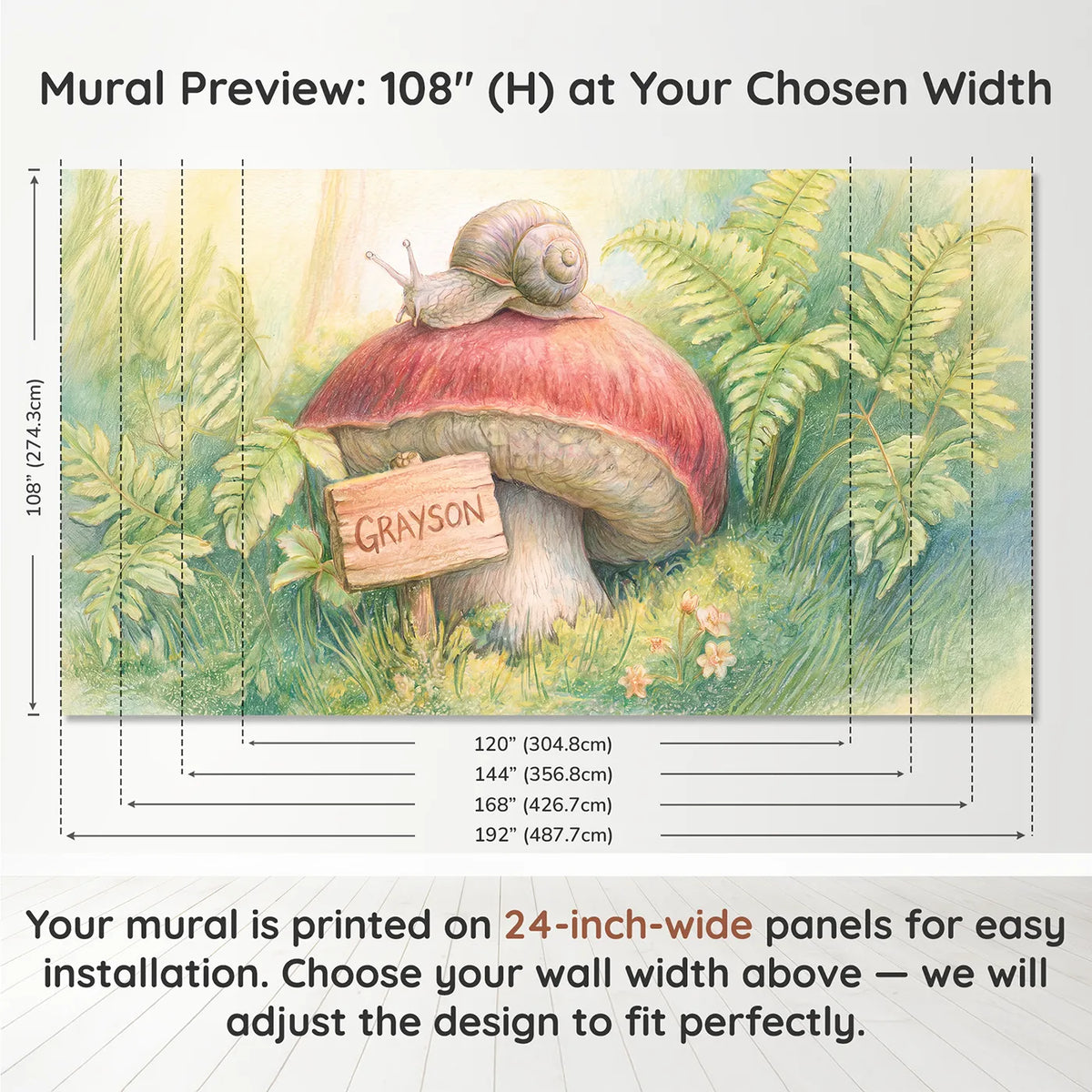 Panel layout and dimensions for Friendly Snail Toadstool Personalized Wall Mural by Whimsy Tots