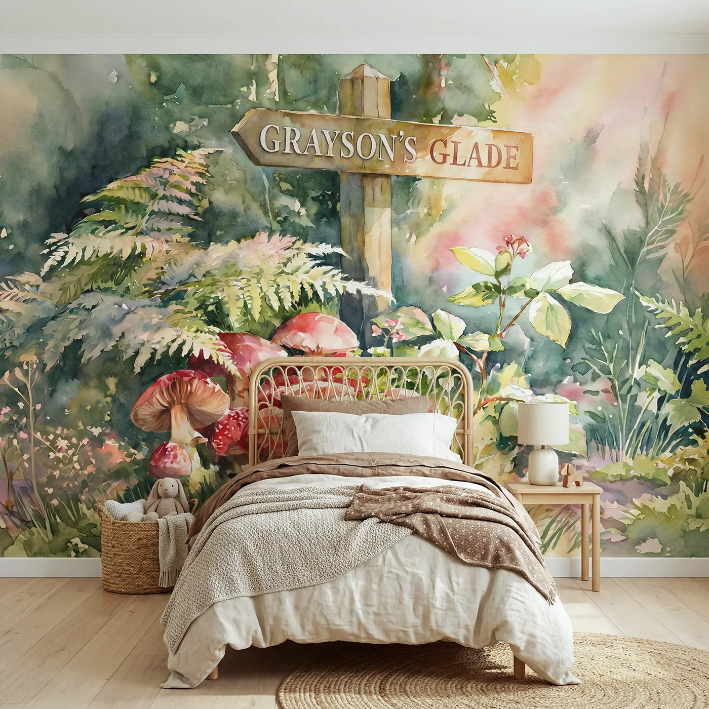Watercolor mushroom glade personalized wall mural with name signpost for a bedroom by Whimsy Tots