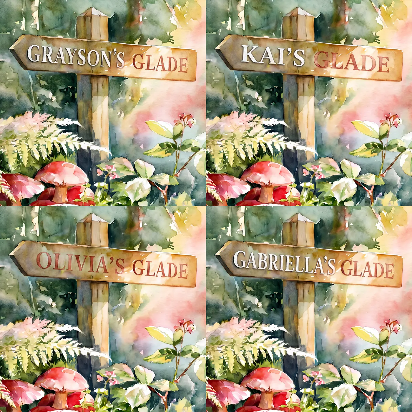 Four name preview examples of Mushroom Glade Cluster Personalized Wall Mural by Whimsy Tots