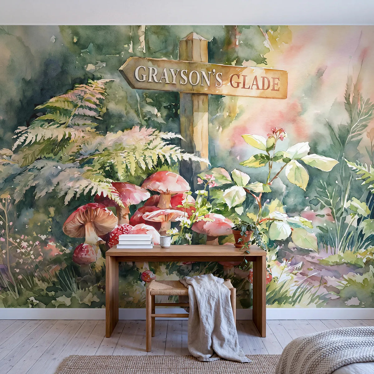 Mushroom Glade Cluster Personalized Wall Mural in playroom setting by Whimsy Tots