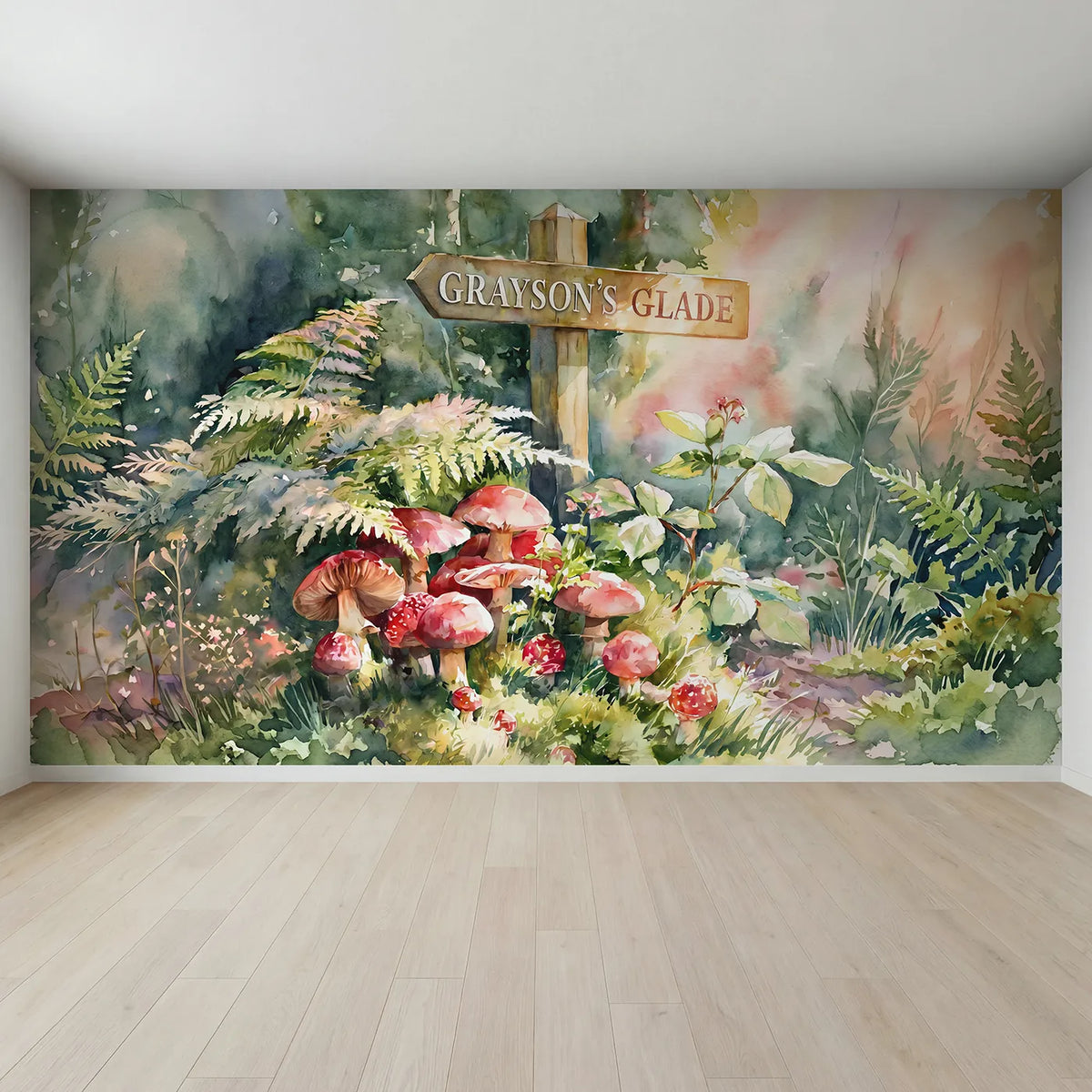 Full view of Mushroom Glade Cluster Personalized Wall Mural by Whimsy Tots